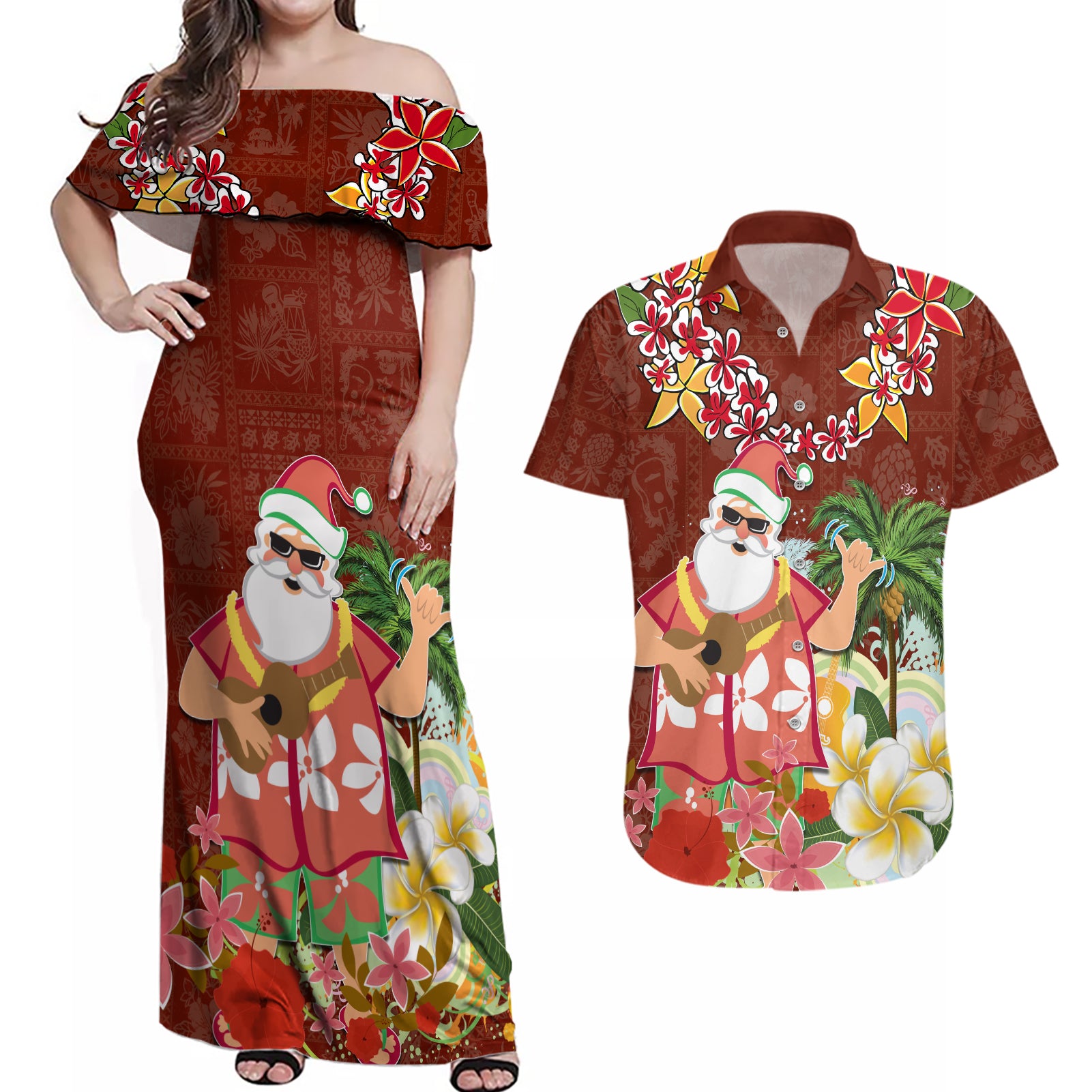 Hawaii Honu Mele Kalikimaka Couples Matching Off Shoulder Maxi Dress and Hawaiian Shirt Santa Tropical Flower Aloha Summer Red Version LT03 Red - Polynesian Pride