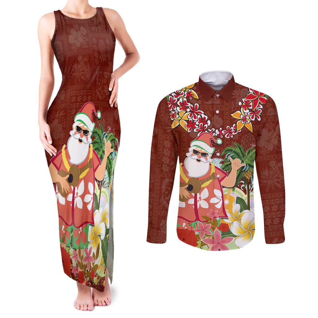 Hawaii Honu Mele Kalikimaka Couples Matching Tank Maxi Dress and Long Sleeve Button Shirt Santa Tropical Flower Aloha Summer Red Version LT03 Red - Polynesian Pride