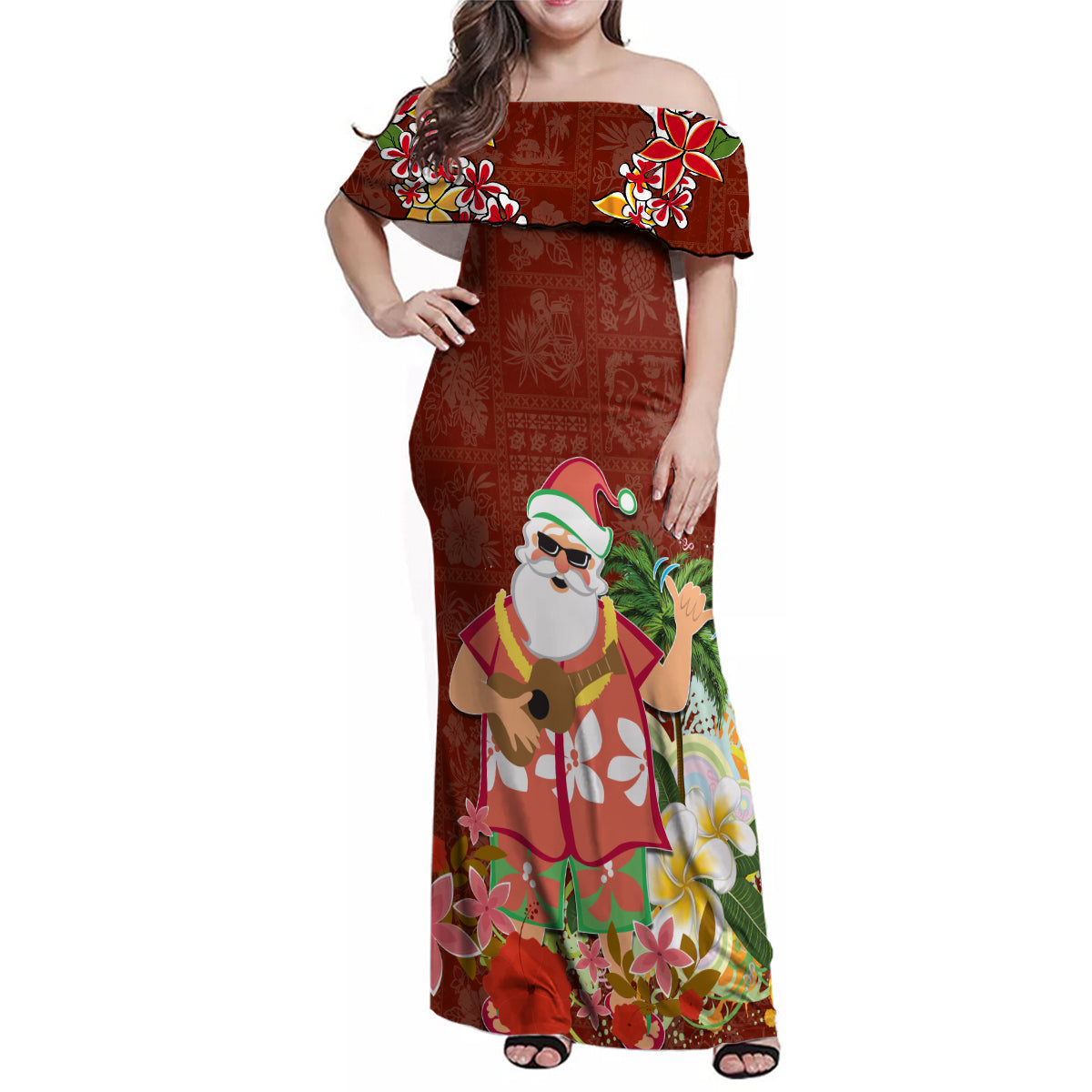 Hawaii Honu Mele Kalikimaka Family Matching Off Shoulder Maxi Dress and Hawaiian Shirt Santa Tropical Flower Aloha Summer Red Version LT03 Mom's Dress Red - Polynesian Pride