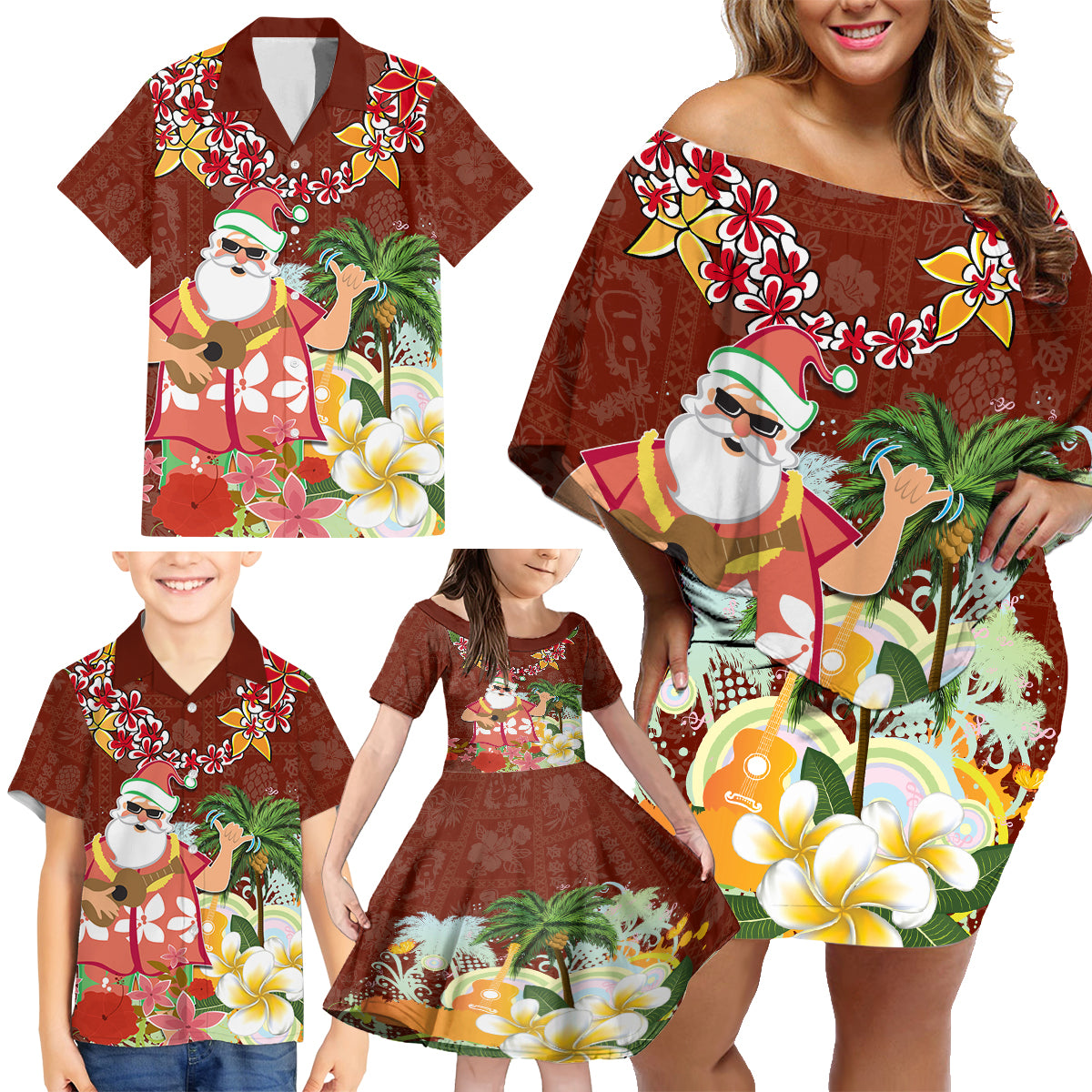 Hawaii Honu Mele Kalikimaka Family Matching Off Shoulder Short Dress and Hawaiian Shirt Santa Tropical Flower Aloha Summer Red Version LT03 - Polynesian Pride