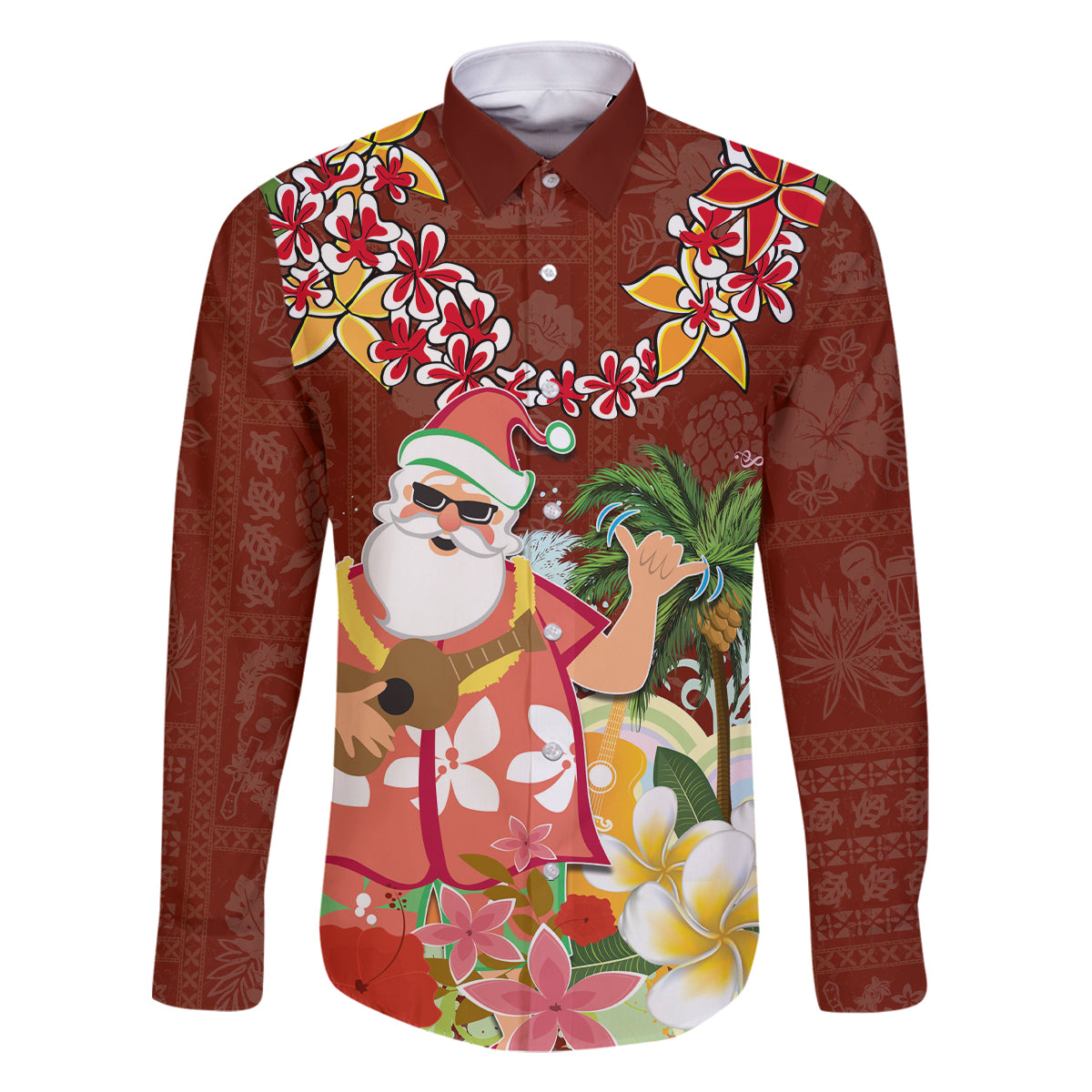 Hawaii Honu Mele Kalikimaka Family Matching Off Shoulder Short Dress and Hawaiian Shirt Santa Tropical Flower Aloha Summer Red Version LT03 Dad's Shirt - Long Sleeve Red - Polynesian Pride