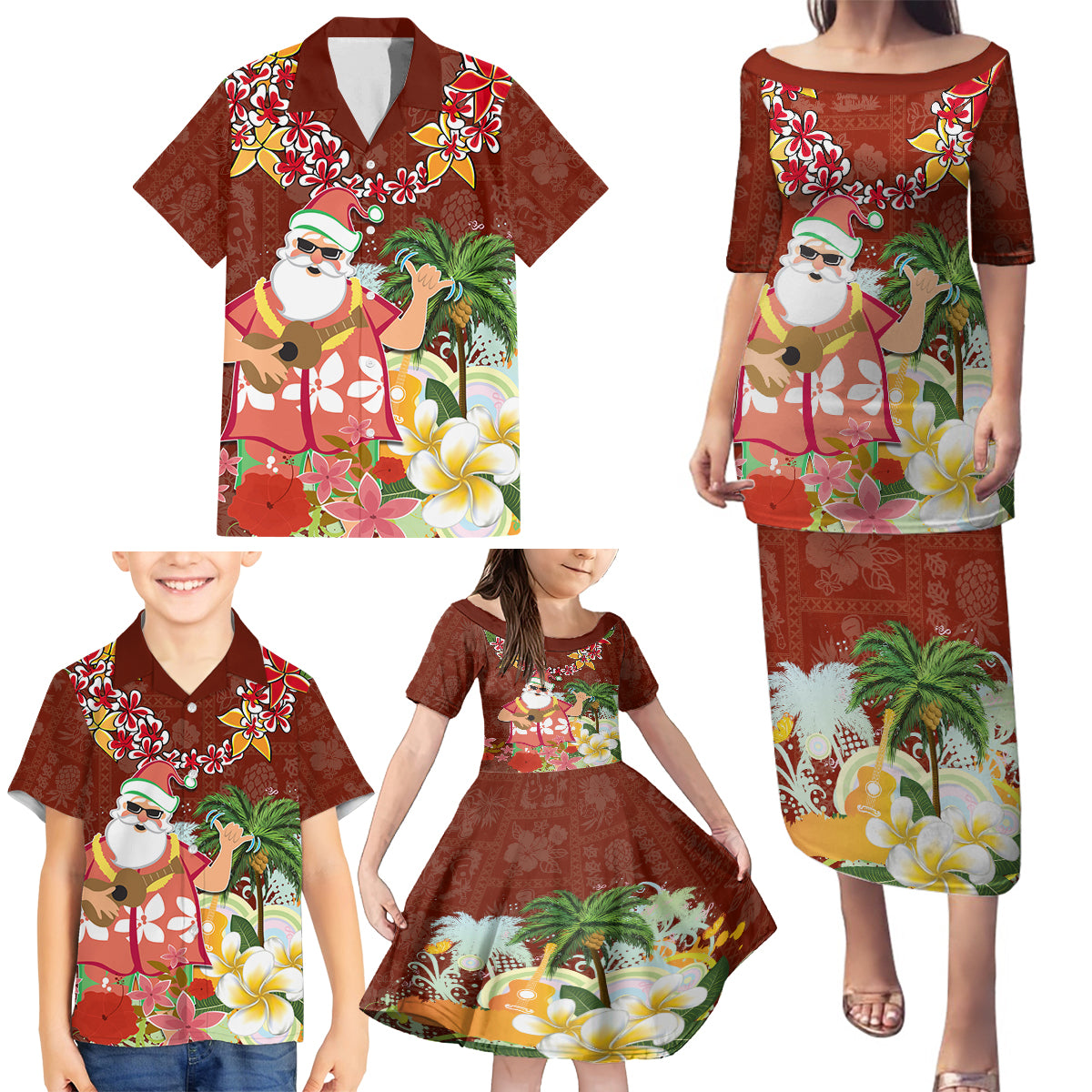 Hawaii Honu Mele Kalikimaka Family Matching Puletasi Dress and Hawaiian Shirt Santa Tropical Flower Aloha Summer Red Version LT03 - Polynesian Pride