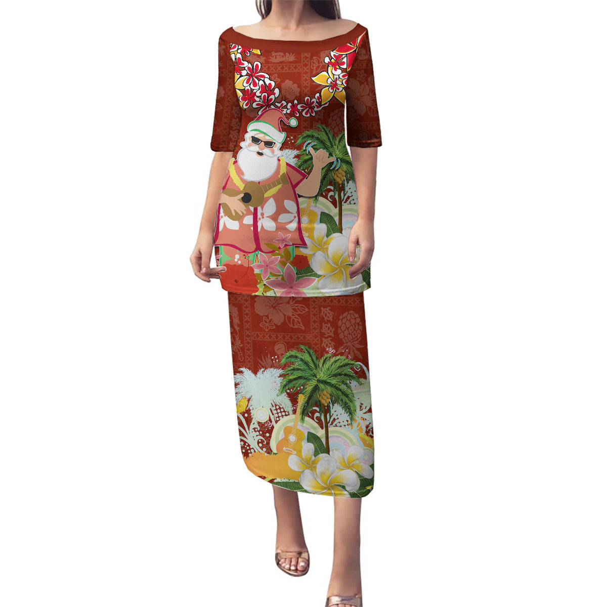 Hawaii Honu Mele Kalikimaka Family Matching Puletasi Dress and Hawaiian Shirt Santa Tropical Flower Aloha Summer Red Version LT03 Mom's Dress Red - Polynesian Pride