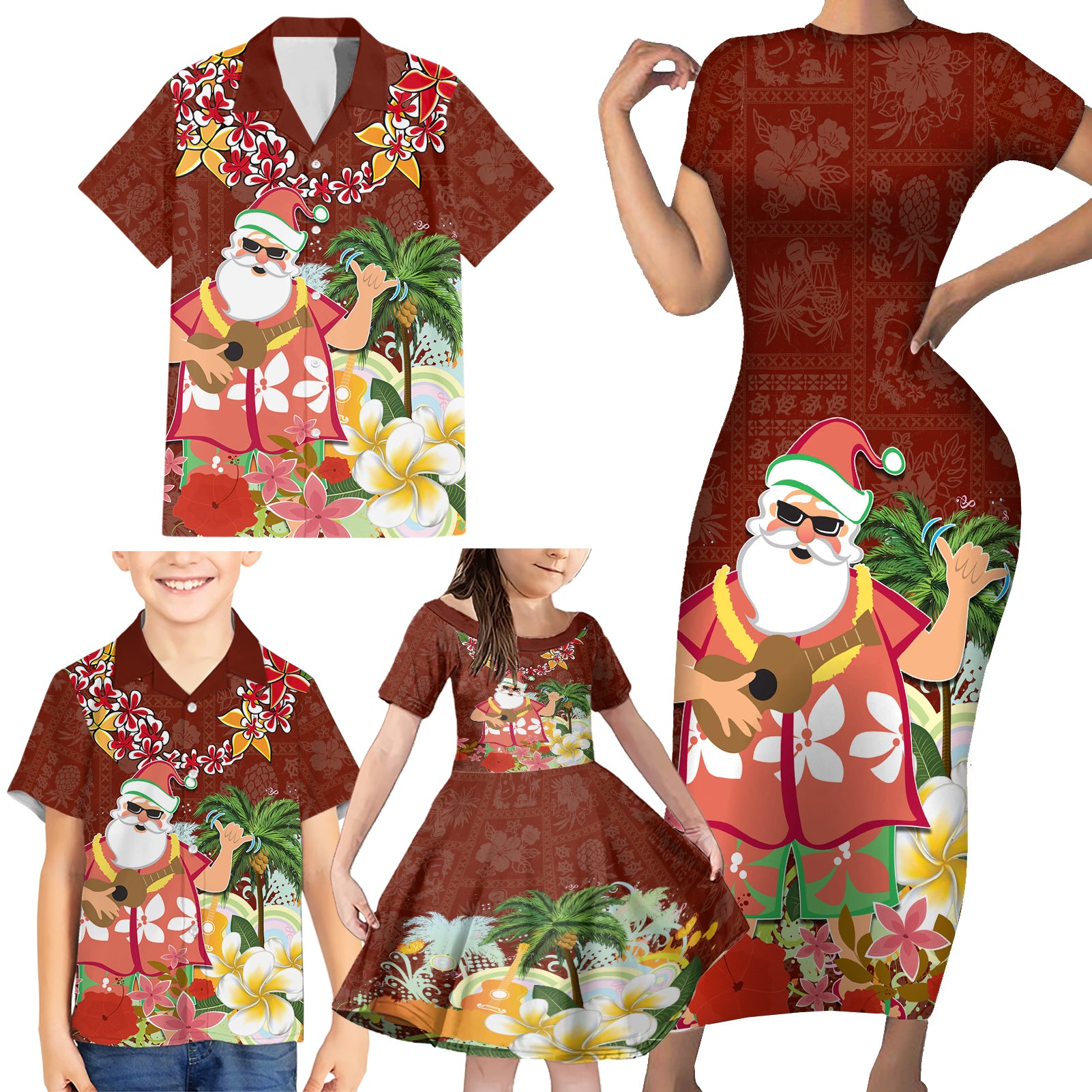 Hawaii Honu Mele Kalikimaka Family Matching Short Sleeve Bodycon Dress and Hawaiian Shirt Santa Tropical Flower Aloha Summer Red Version LT03 - Polynesian Pride