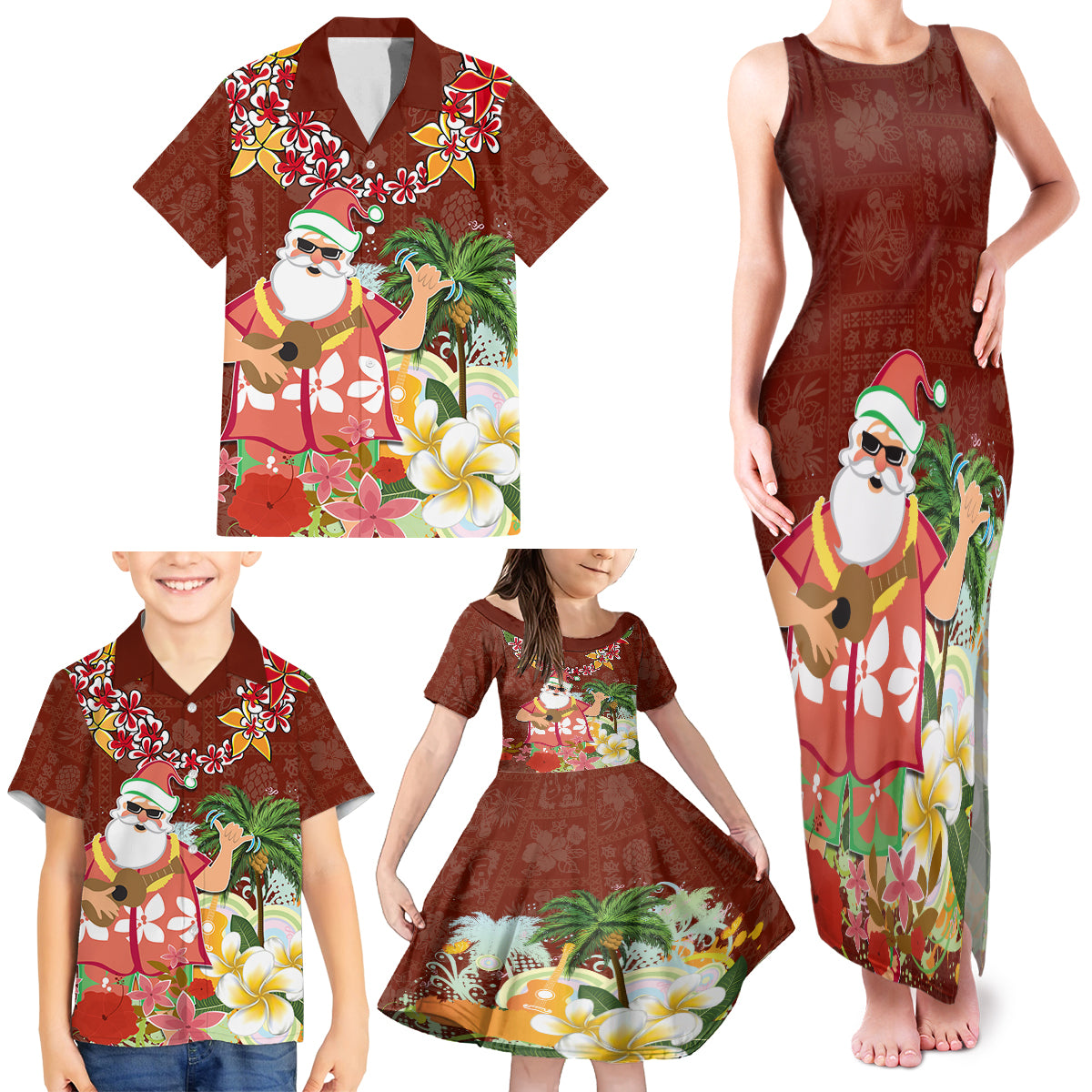 Hawaii Honu Mele Kalikimaka Family Matching Tank Maxi Dress and Hawaiian Shirt Santa Tropical Flower Aloha Summer Red Version LT03 - Polynesian Pride