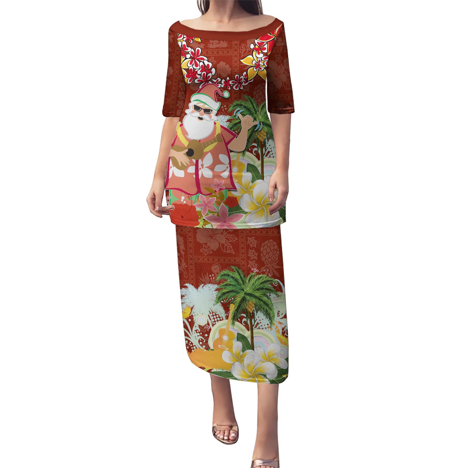 Hawaii Honu Mele Kalikimaka Puletasi Santa Tropical Flower Aloha Summer Red Version LT03 Long Dress Red - Polynesian Pride