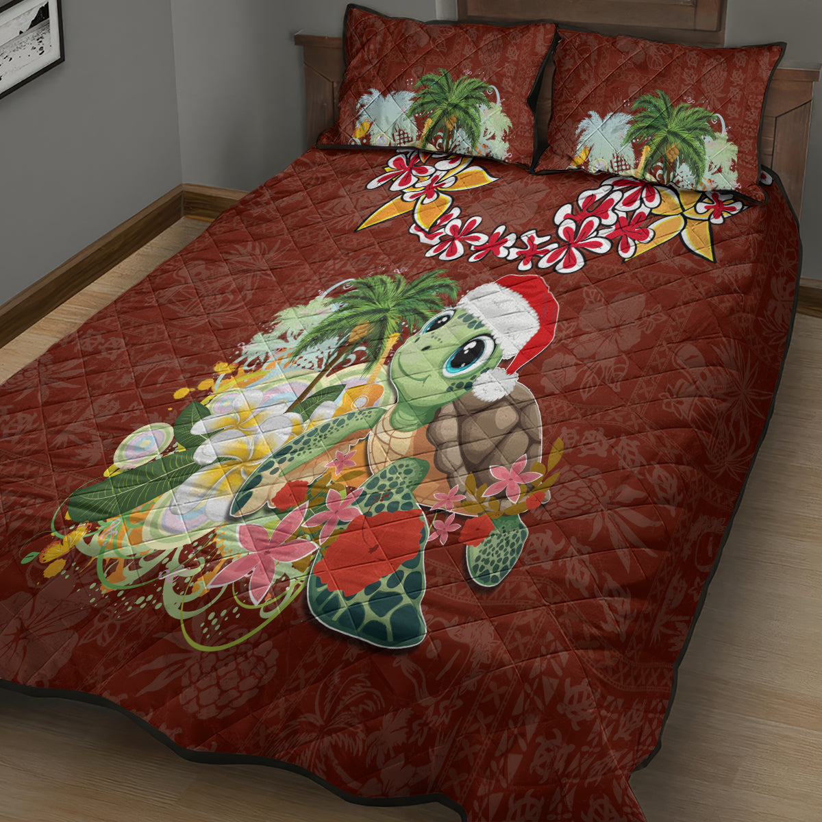 Hawaii Honu Mele Kalikimaka Quilt Bed Set Santa Tropical Flower Aloha Summer Red Version LT03 - Polynesian Pride