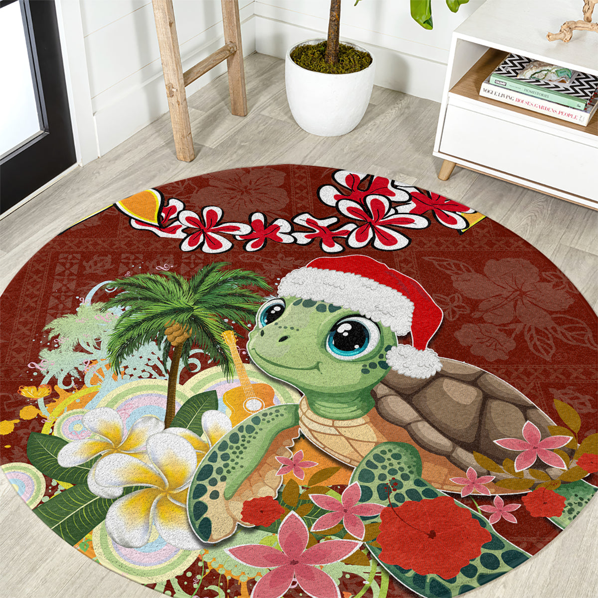 Hawaii Honu Mele Kalikimaka Round Carpet Santa Tropical Flower Aloha Summer Red Version LT03 Red - Polynesian Pride