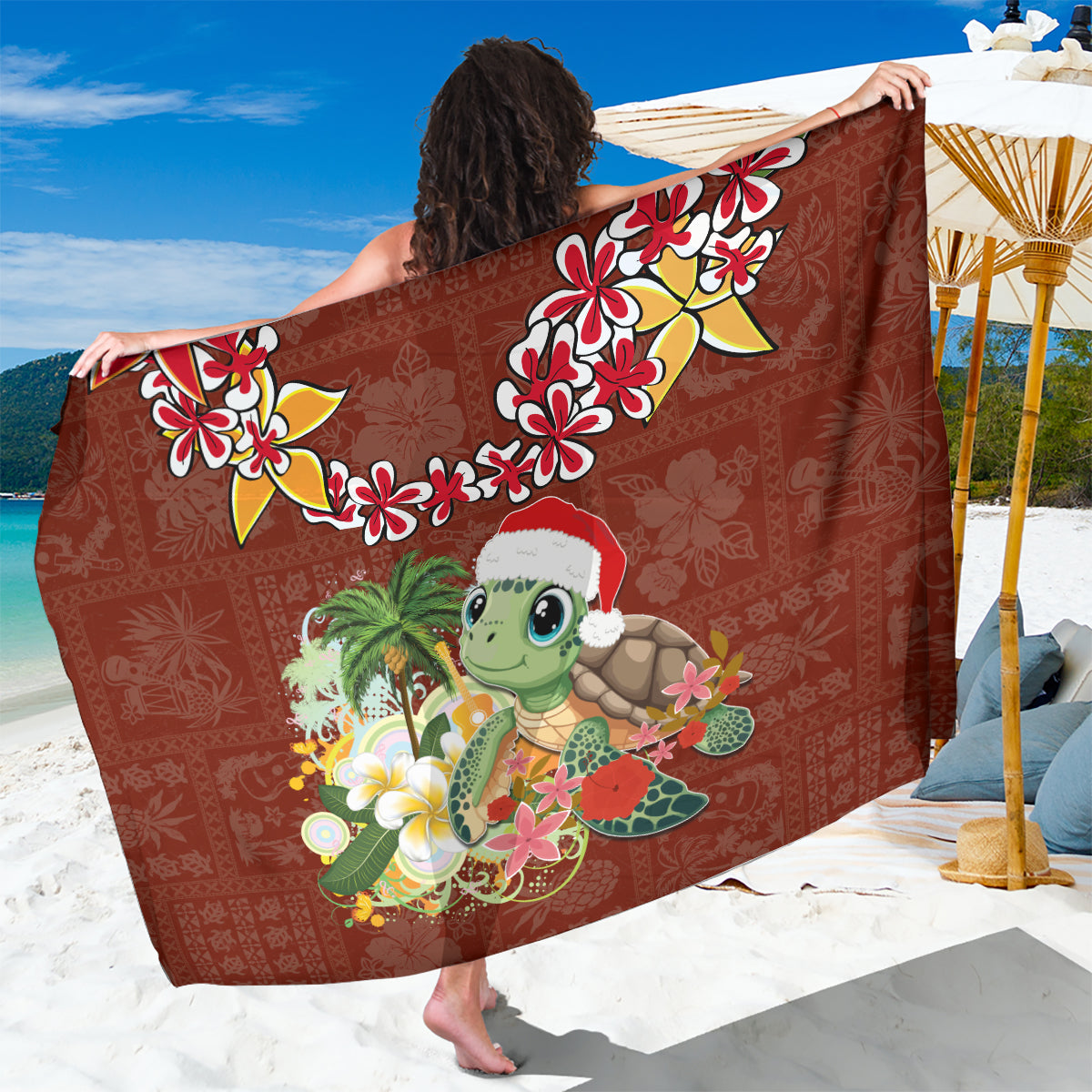 Hawaii Honu Mele Kalikimaka Sarong Santa Tropical Flower Aloha Summer Red Version LT03 One Size 44 x 66 inches Red - Polynesian Pride