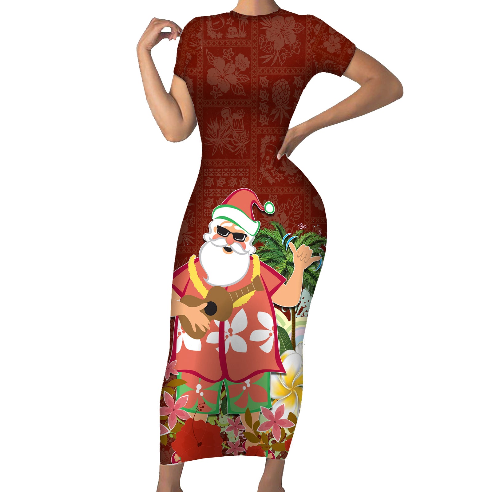 Hawaii Honu Mele Kalikimaka Short Sleeve Bodycon Dress Santa Tropical Flower Aloha Summer Red Version LT03 Long Dress Red - Polynesian Pride