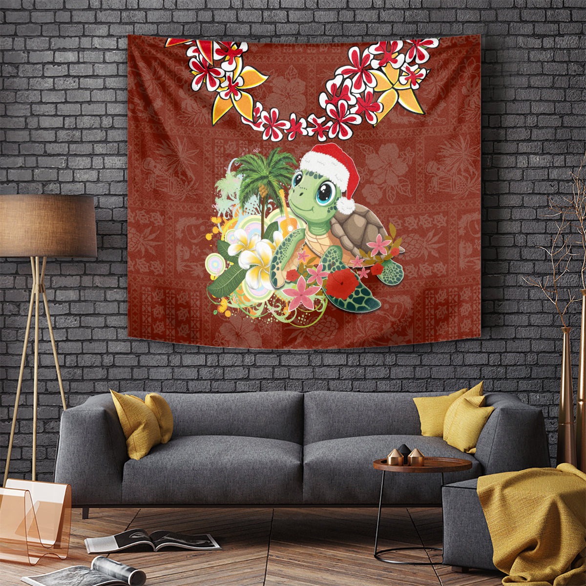 Hawaii Honu Mele Kalikimaka Tapestry Santa Tropical Flower Aloha Summer Red Version LT03 Red - Polynesian Pride