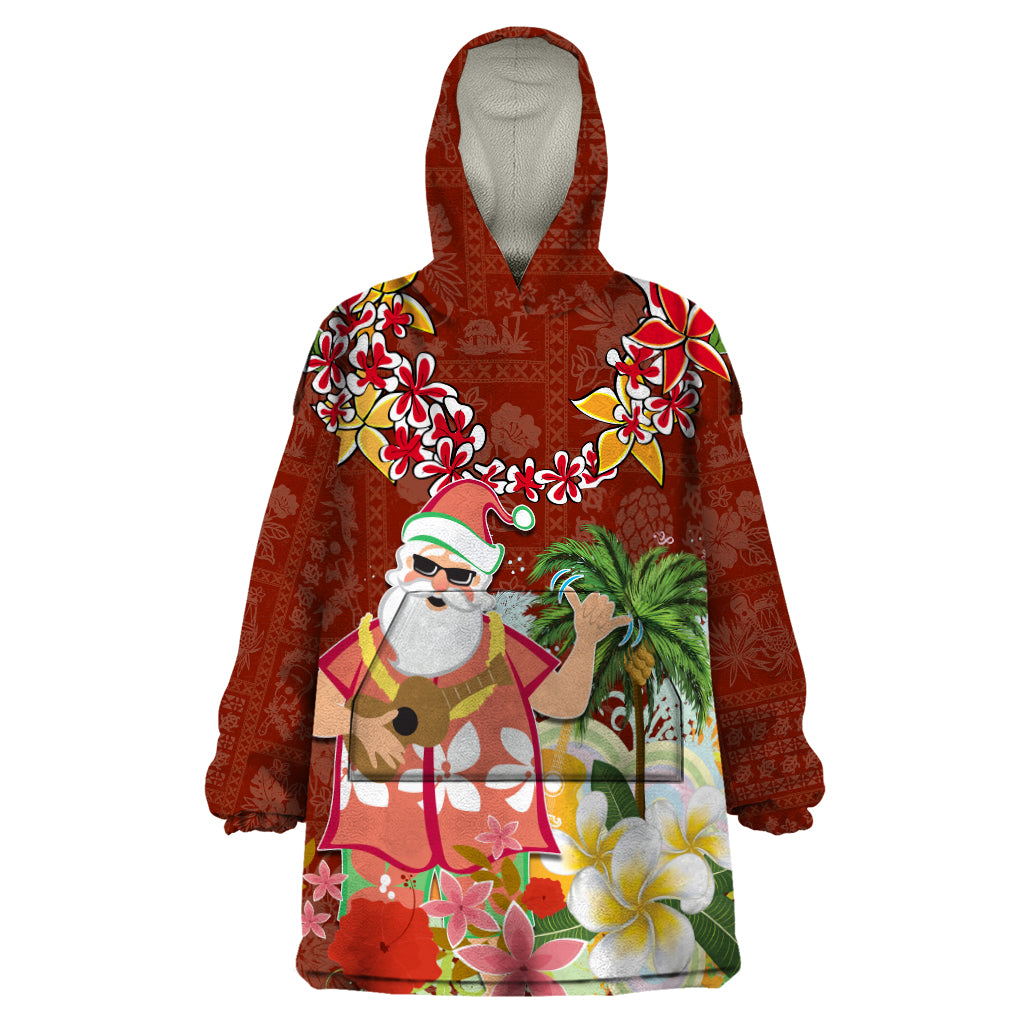 Hawaii Honu Mele Kalikimaka Wearable Blanket Hoodie Santa Tropical Flower Aloha Summer Red Version LT03 One Size Red - Polynesian Pride