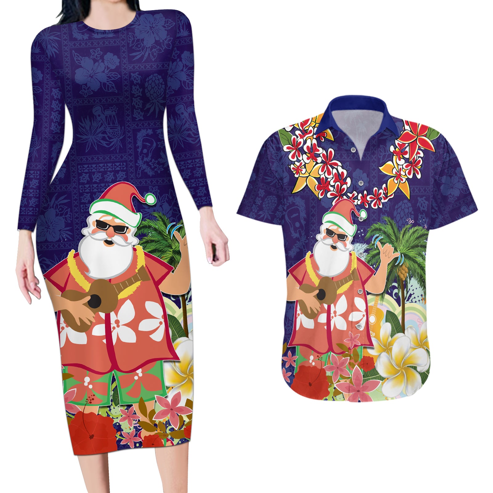 Hawaii Honu Mele Kalikimaka Couples Matching Long Sleeve Bodycon Dress and Hawaiian Shirt Santa Tropical Flower Aloha Summer Blue Version LT03 Blue - Polynesian Pride