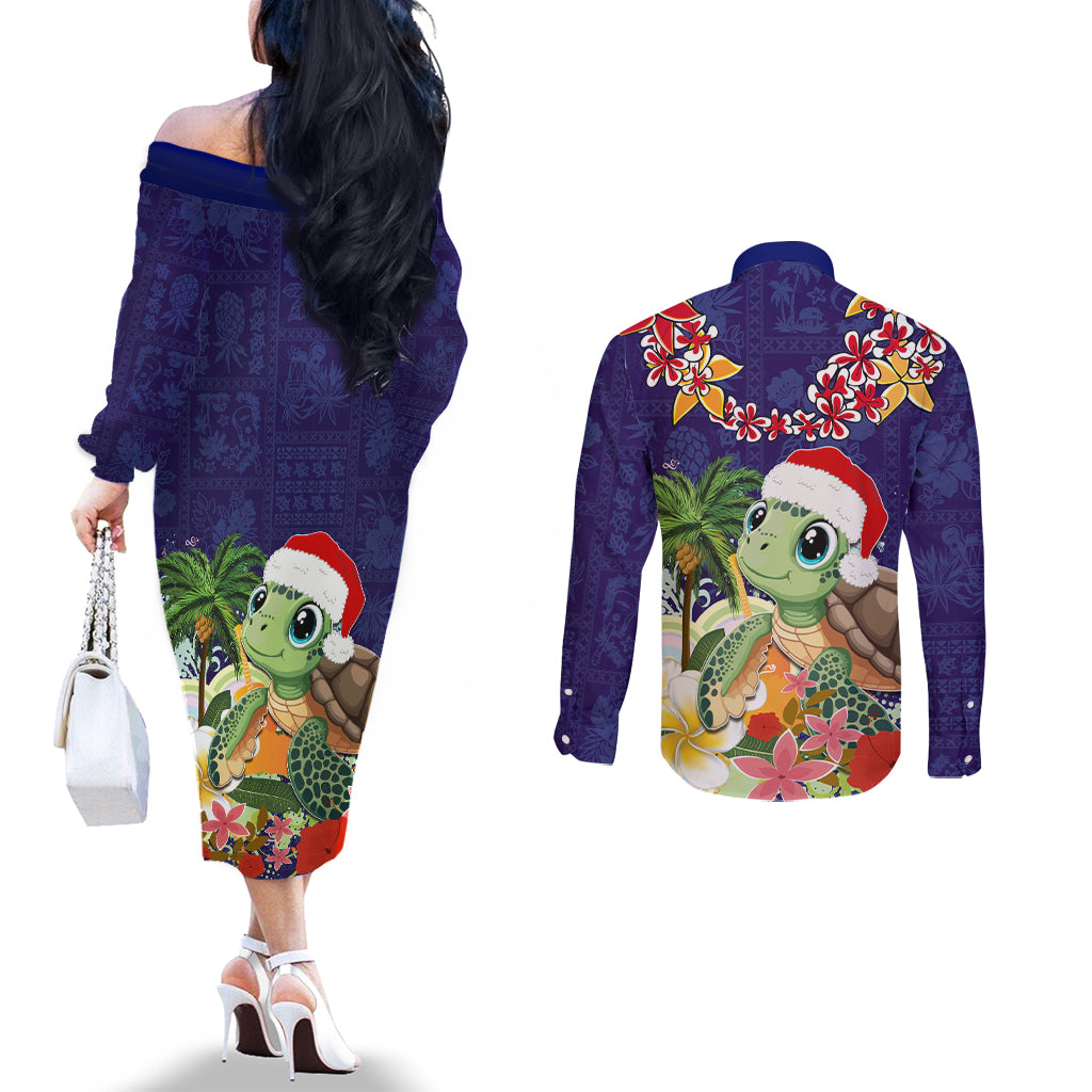 Hawaii Honu Mele Kalikimaka Couples Matching Off The Shoulder Long Sleeve Dress and Long Sleeve Button Shirt Santa Tropical Flower Aloha Summer Blue Version LT03 - Polynesian Pride