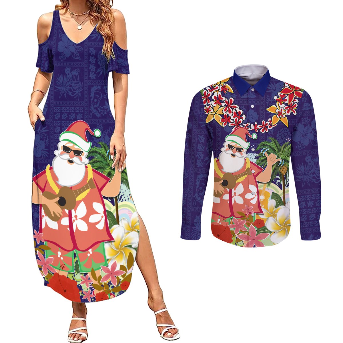 Hawaii Honu Mele Kalikimaka Couples Matching Summer Maxi Dress and Long Sleeve Button Shirt Santa Tropical Flower Aloha Summer Blue Version LT03 Blue - Polynesian Pride