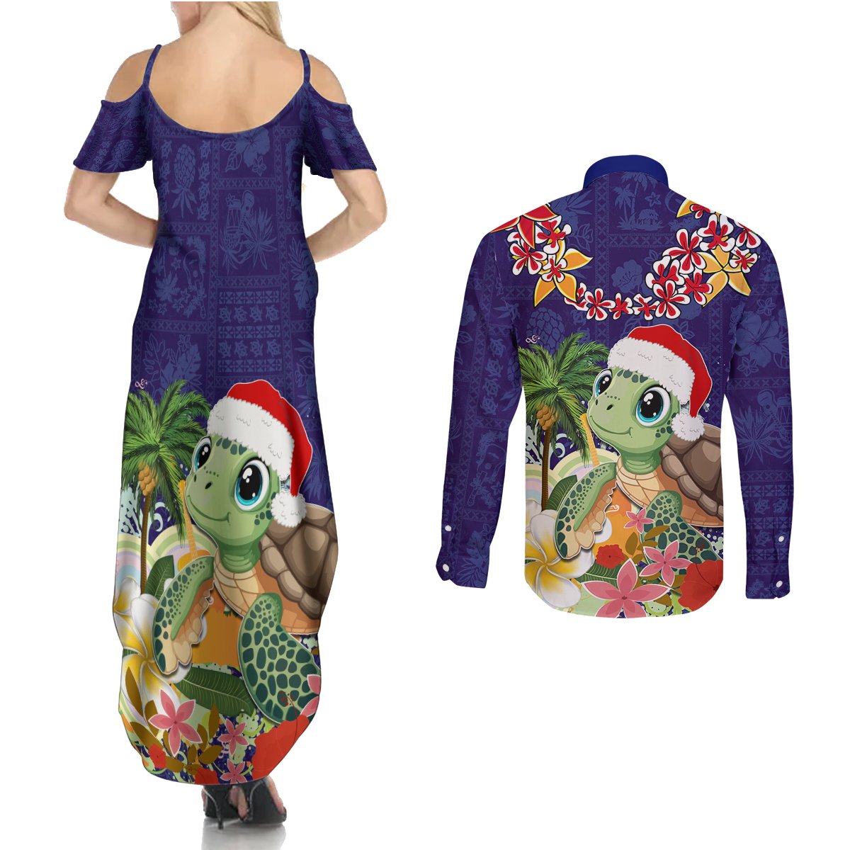 Hawaii Honu Mele Kalikimaka Couples Matching Summer Maxi Dress and Long Sleeve Button Shirt Santa Tropical Flower Aloha Summer Blue Version LT03 - Polynesian Pride