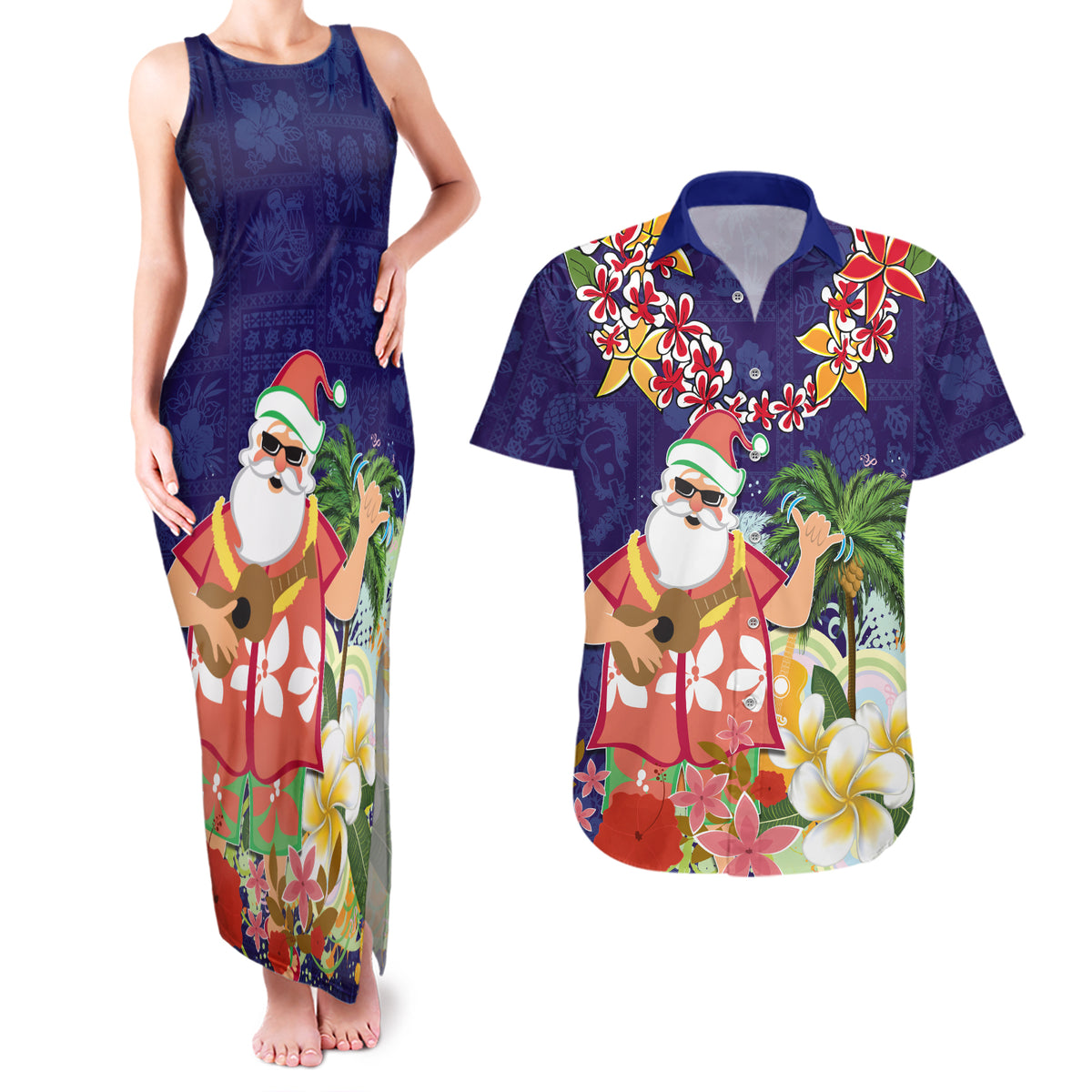 Hawaii Honu Mele Kalikimaka Couples Matching Tank Maxi Dress and Hawaiian Shirt Santa Tropical Flower Aloha Summer Blue Version LT03 Blue - Polynesian Pride