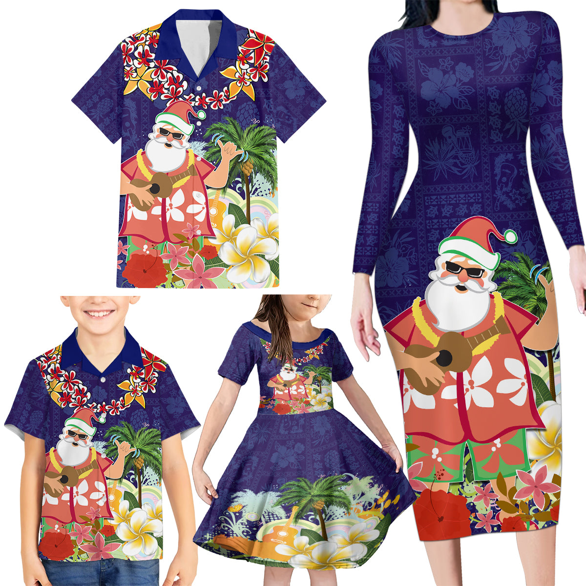 Hawaii Honu Mele Kalikimaka Family Matching Long Sleeve Bodycon Dress and Hawaiian Shirt Santa Tropical Flower Aloha Summer Blue Version LT03 - Polynesian Pride