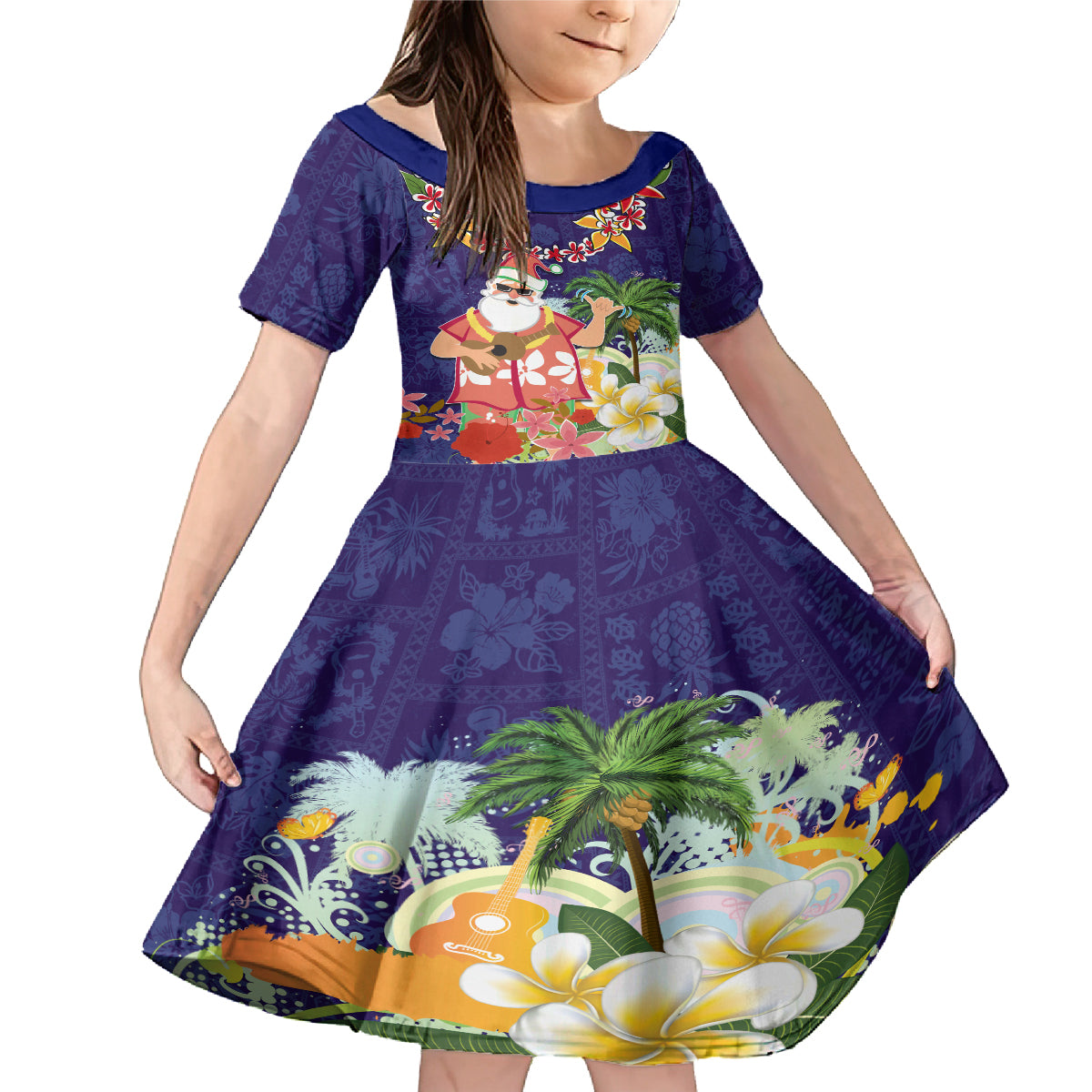 Hawaii Honu Mele Kalikimaka Family Matching Mermaid Dress and Hawaiian Shirt Santa Tropical Flower Aloha Summer Blue Version LT03 Daughter's Dress Blue - Polynesian Pride