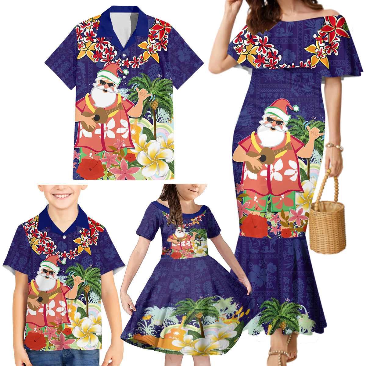 Hawaii Honu Mele Kalikimaka Family Matching Mermaid Dress and Hawaiian Shirt Santa Tropical Flower Aloha Summer Blue Version LT03 - Polynesian Pride