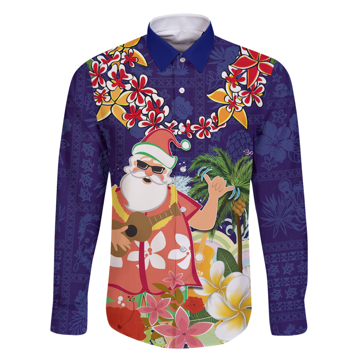 Hawaii Honu Mele Kalikimaka Family Matching Mermaid Dress and Hawaiian Shirt Santa Tropical Flower Aloha Summer Blue Version LT03 Dad's Shirt - Long Sleeve Blue - Polynesian Pride