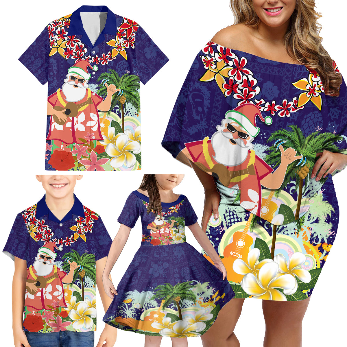 Hawaii Honu Mele Kalikimaka Family Matching Off Shoulder Short Dress and Hawaiian Shirt Santa Tropical Flower Aloha Summer Blue Version LT03 - Polynesian Pride