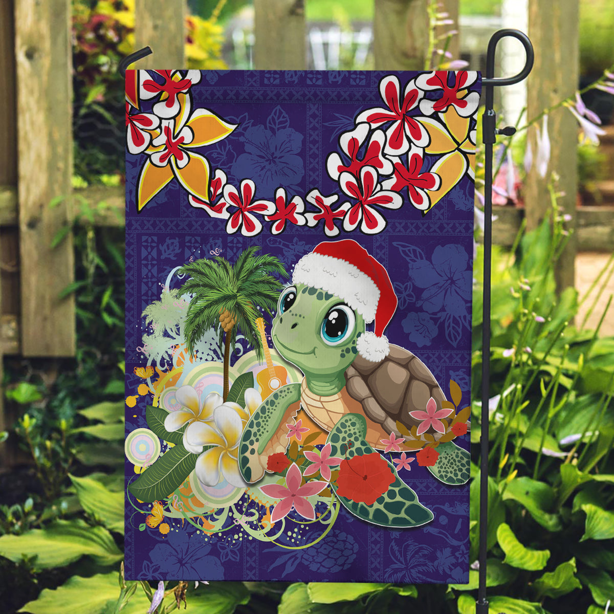 Hawaii Honu Mele Kalikimaka Garden Flag Santa Tropical Flower Aloha Summer Blue Version LT03 Garden Flag Blue - Polynesian Pride