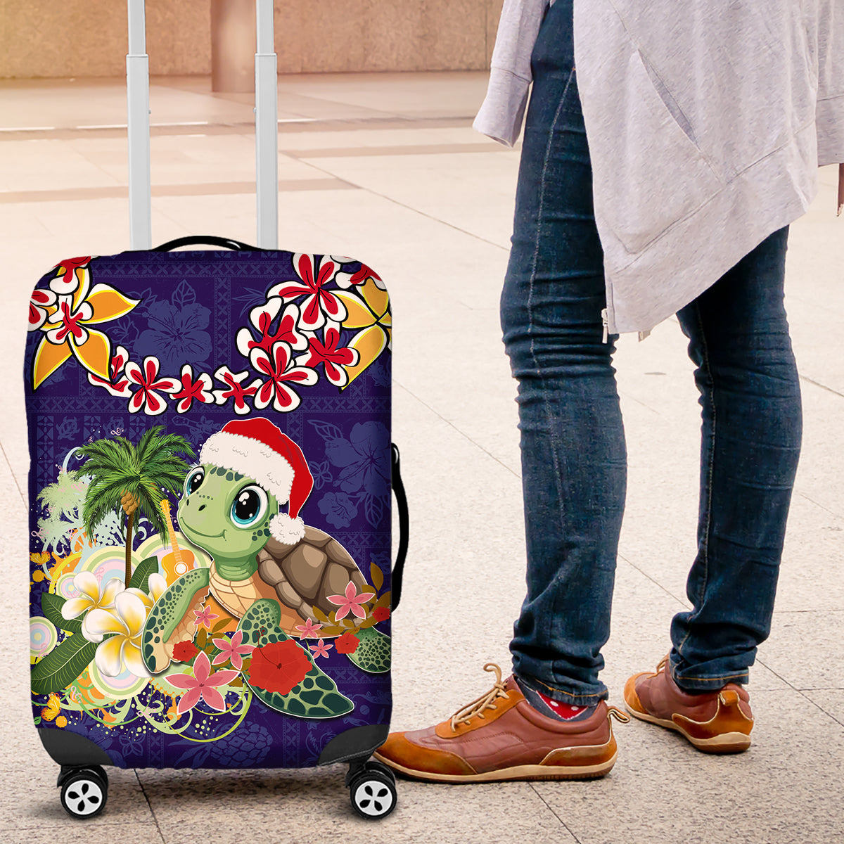 Hawaii Honu Mele Kalikimaka Luggage Cover Santa Tropical Flower Aloha Summer Blue Version LT03 Blue - Polynesian Pride