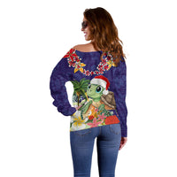 Hawaii Honu Mele Kalikimaka Off Shoulder Sweater Santa Tropical Flower Aloha Summer Blue Version LT03 - Polynesian Pride