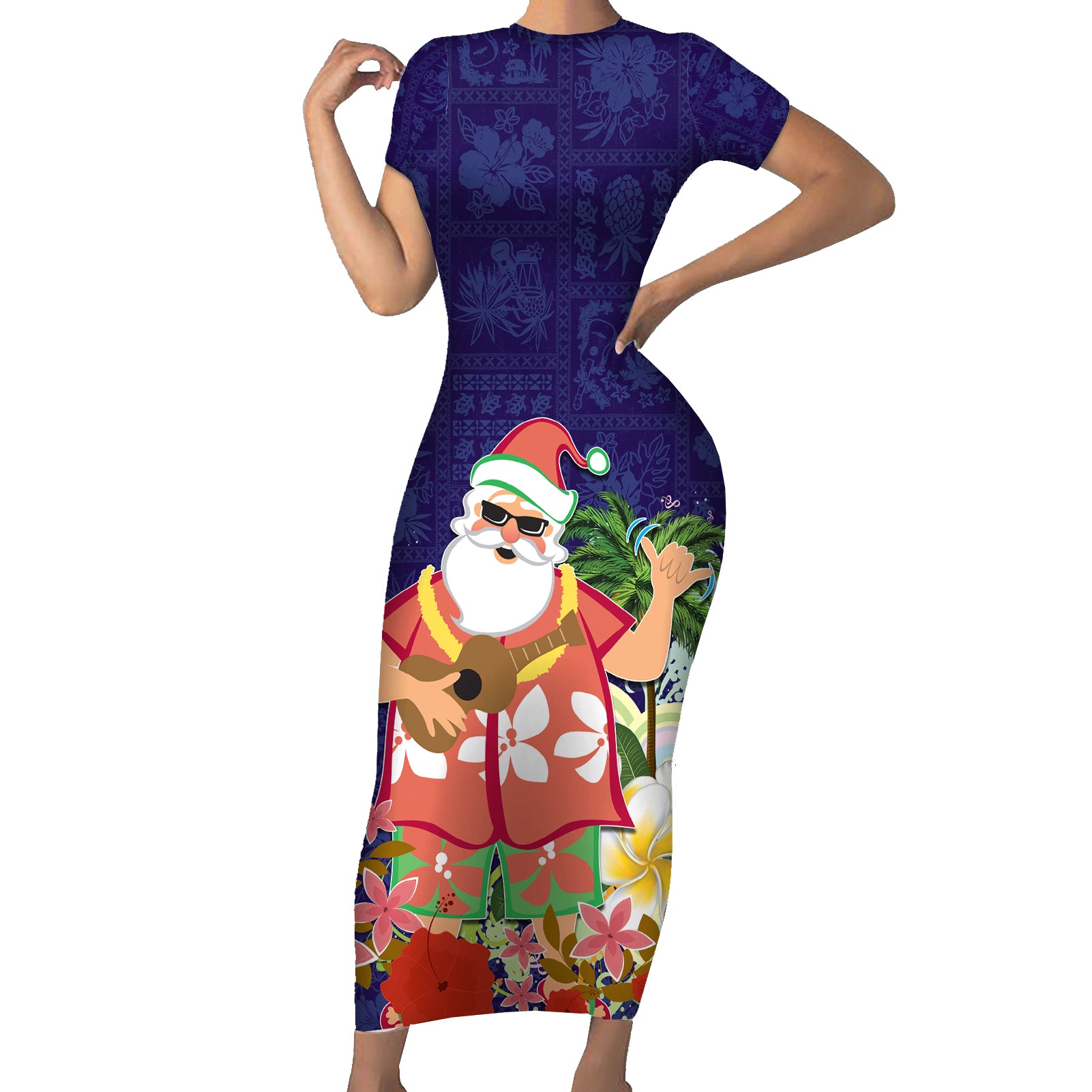 Hawaii Honu Mele Kalikimaka Short Sleeve Bodycon Dress Santa Tropical Flower Aloha Summer Blue Version LT03 Long Dress Blue - Polynesian Pride