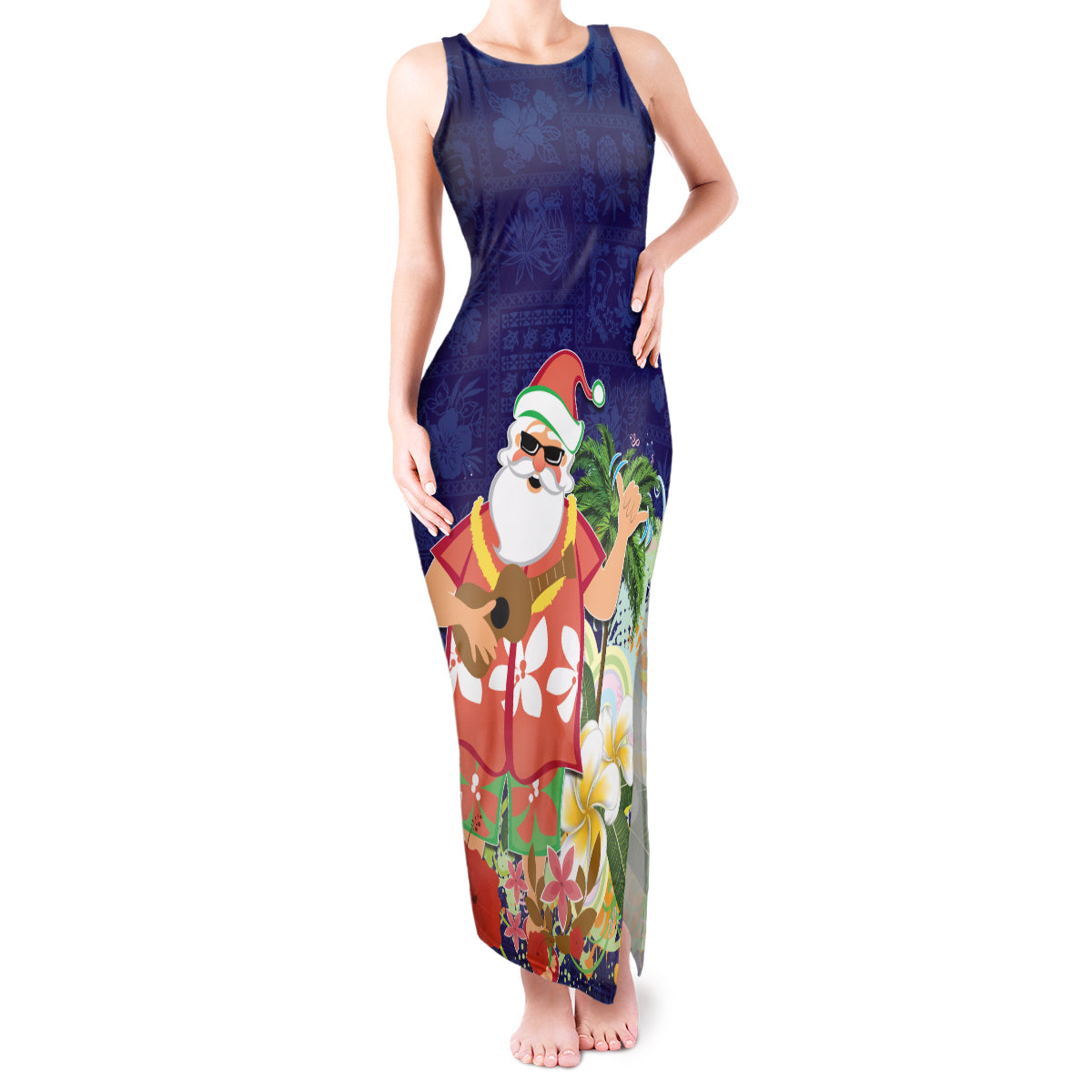 Hawaii Honu Mele Kalikimaka Tank Maxi Dress Santa Tropical Flower Aloha Summer Blue Version LT03 Women Blue - Polynesian Pride