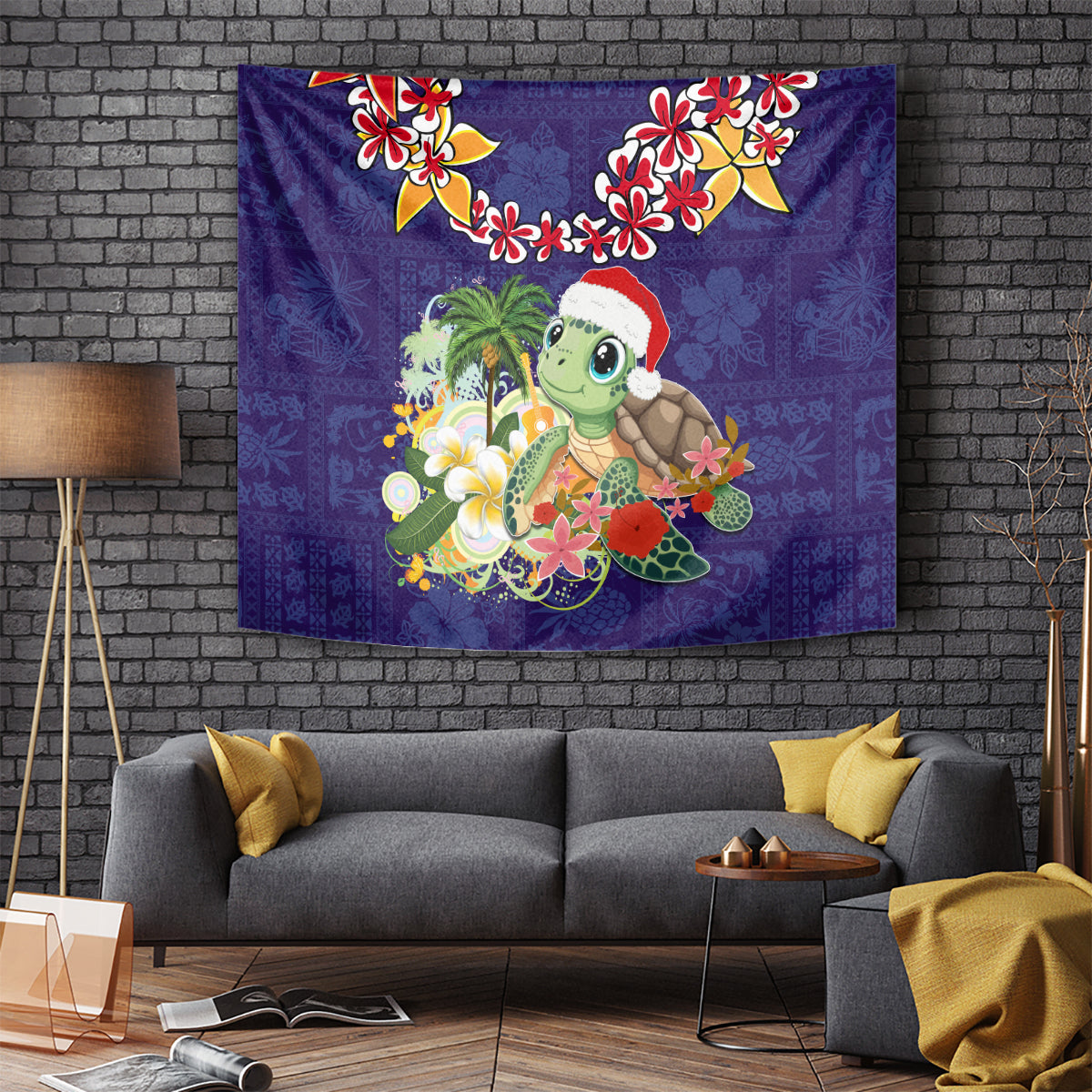 Hawaii Honu Mele Kalikimaka Tapestry Santa Tropical Flower Aloha Summer Blue Version LT03 Blue - Polynesian Pride