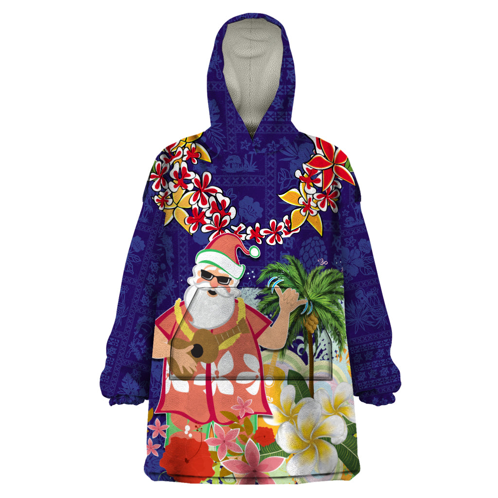 Hawaii Honu Mele Kalikimaka Wearable Blanket Hoodie Santa Tropical Flower Aloha Summer Blue Version LT03 One Size Blue - Polynesian Pride