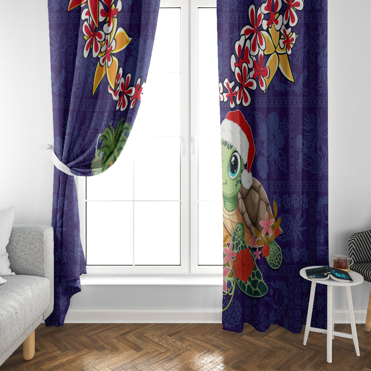 Hawaii Honu Mele Kalikimaka Window Curtain Santa Tropical Flower Aloha Summer Blue Version LT03 - Polynesian Pride