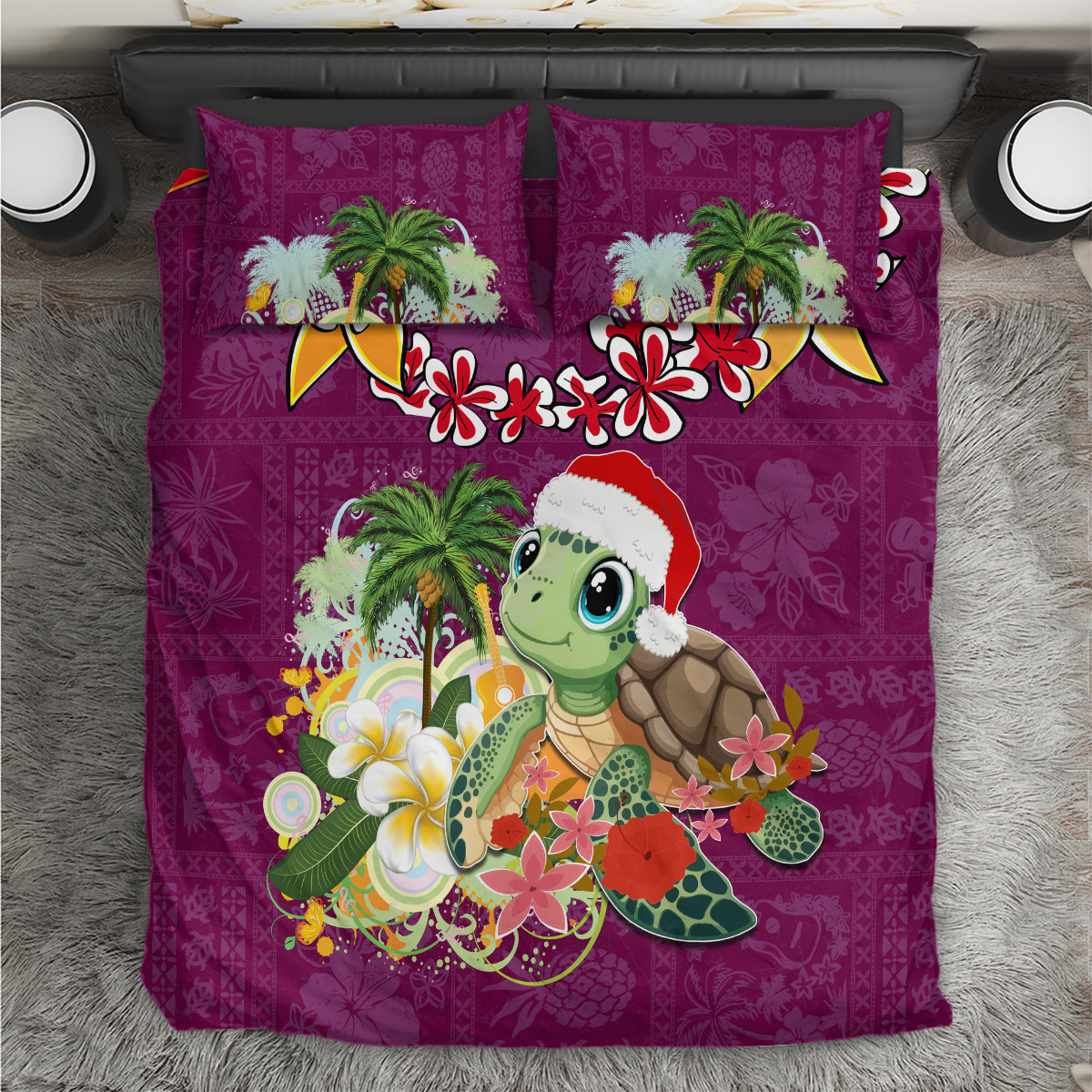 Hawaii Honu Mele Kalikimaka Bedding Set Santa Tropical Flower Aloha Summer Pink Version LT03 Pink - Polynesian Pride