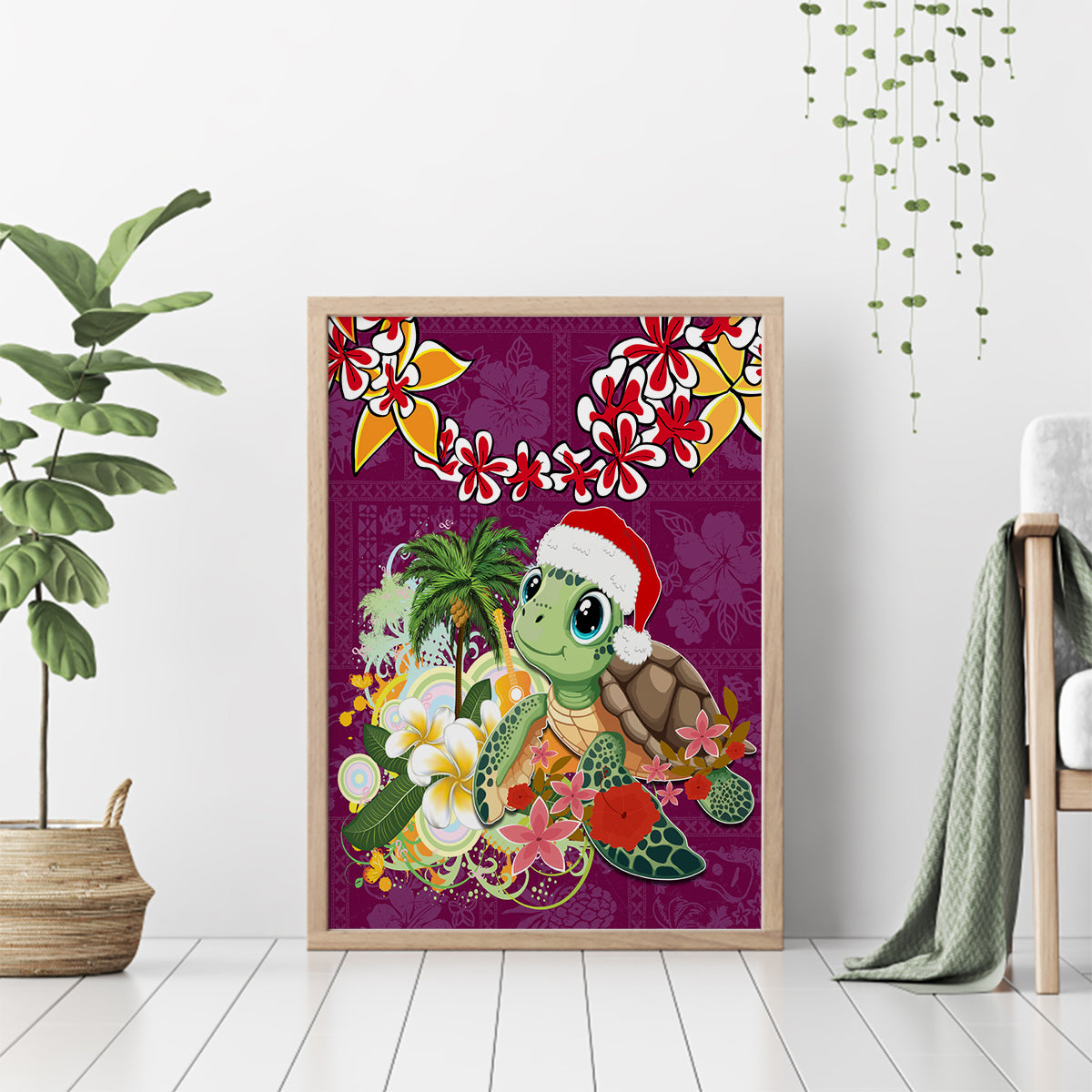 Hawaii Honu Mele Kalikimaka Canvas Wall Art Santa Tropical Flower Aloha Summer Pink Version LT03 - Polynesian Pride