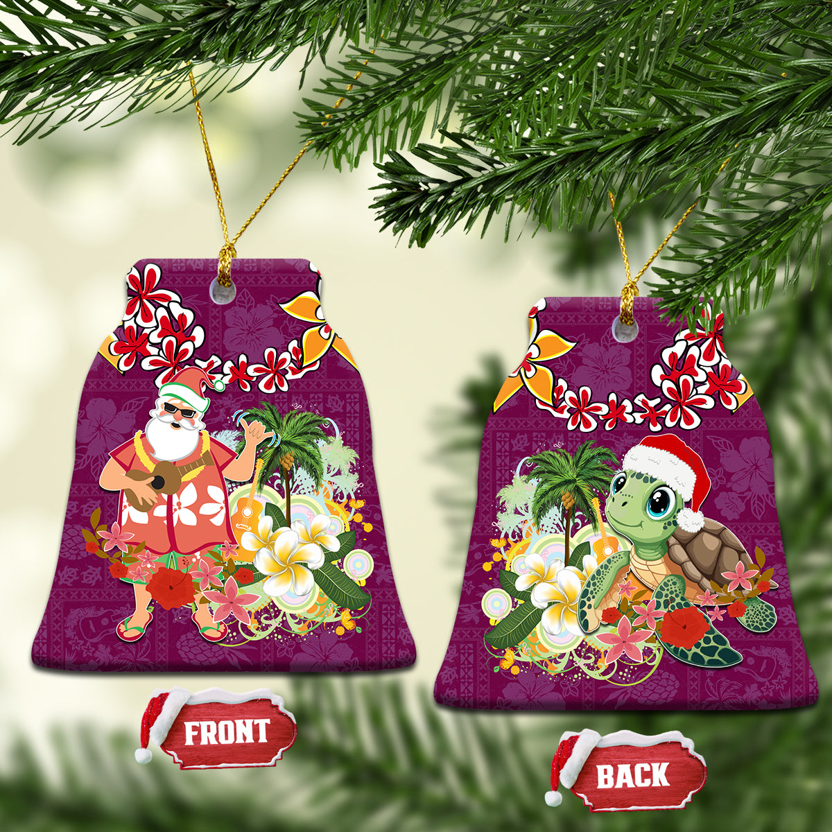 Hawaii Honu Mele Kalikimaka Ceramic Ornament Santa Tropical Flower Aloha Summer Pink Version LT03 Bell Flake Pink - Polynesian Pride