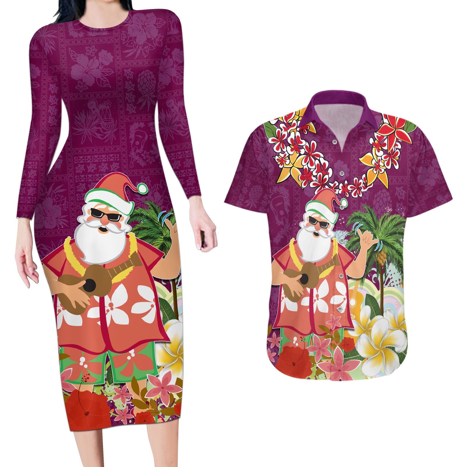 Hawaii Honu Mele Kalikimaka Couples Matching Long Sleeve Bodycon Dress and Hawaiian Shirt Santa Tropical Flower Aloha Summer Pink Version LT03 Pink - Polynesian Pride