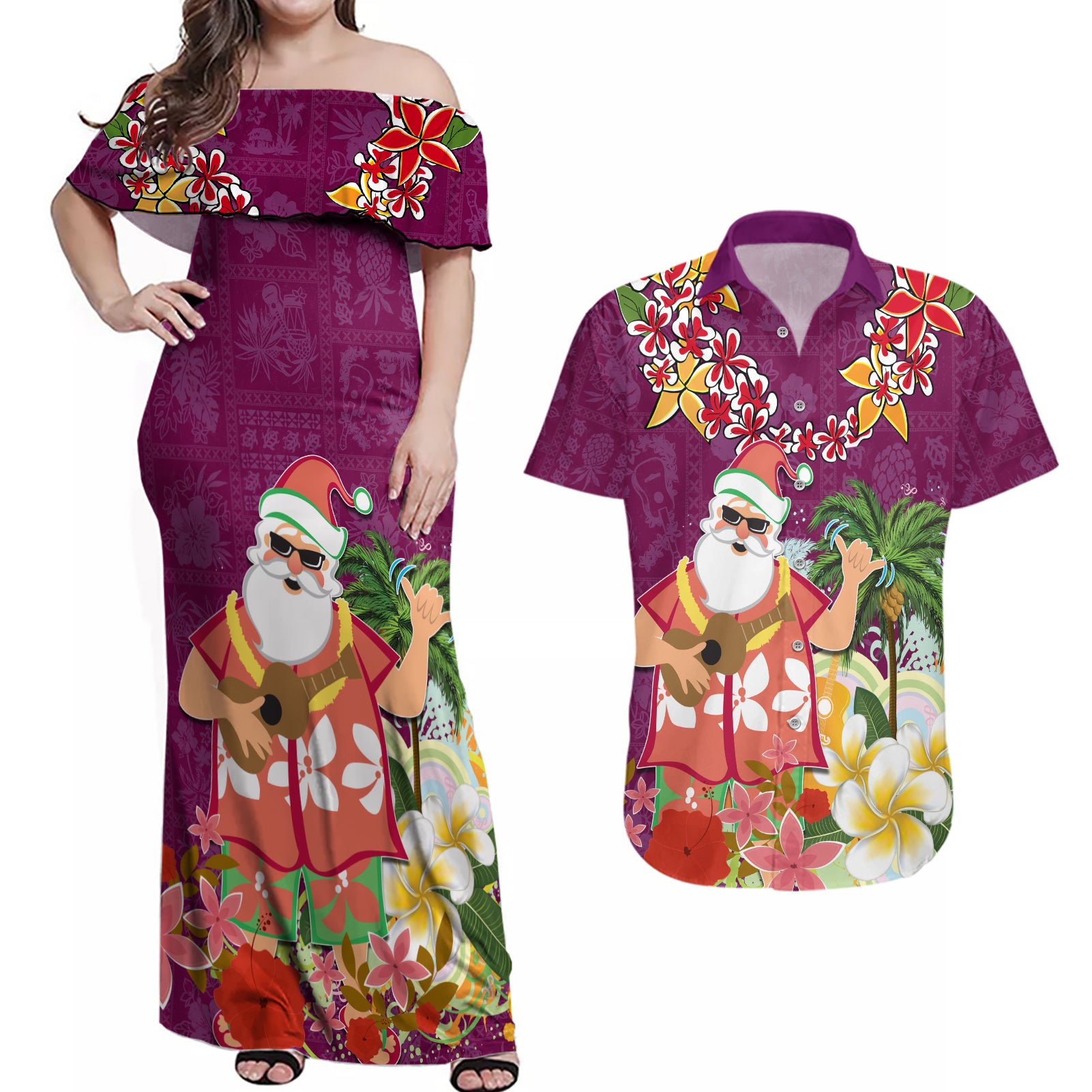 Hawaii Honu Mele Kalikimaka Couples Matching Off Shoulder Maxi Dress and Hawaiian Shirt Santa Tropical Flower Aloha Summer Pink Version LT03 Pink - Polynesian Pride