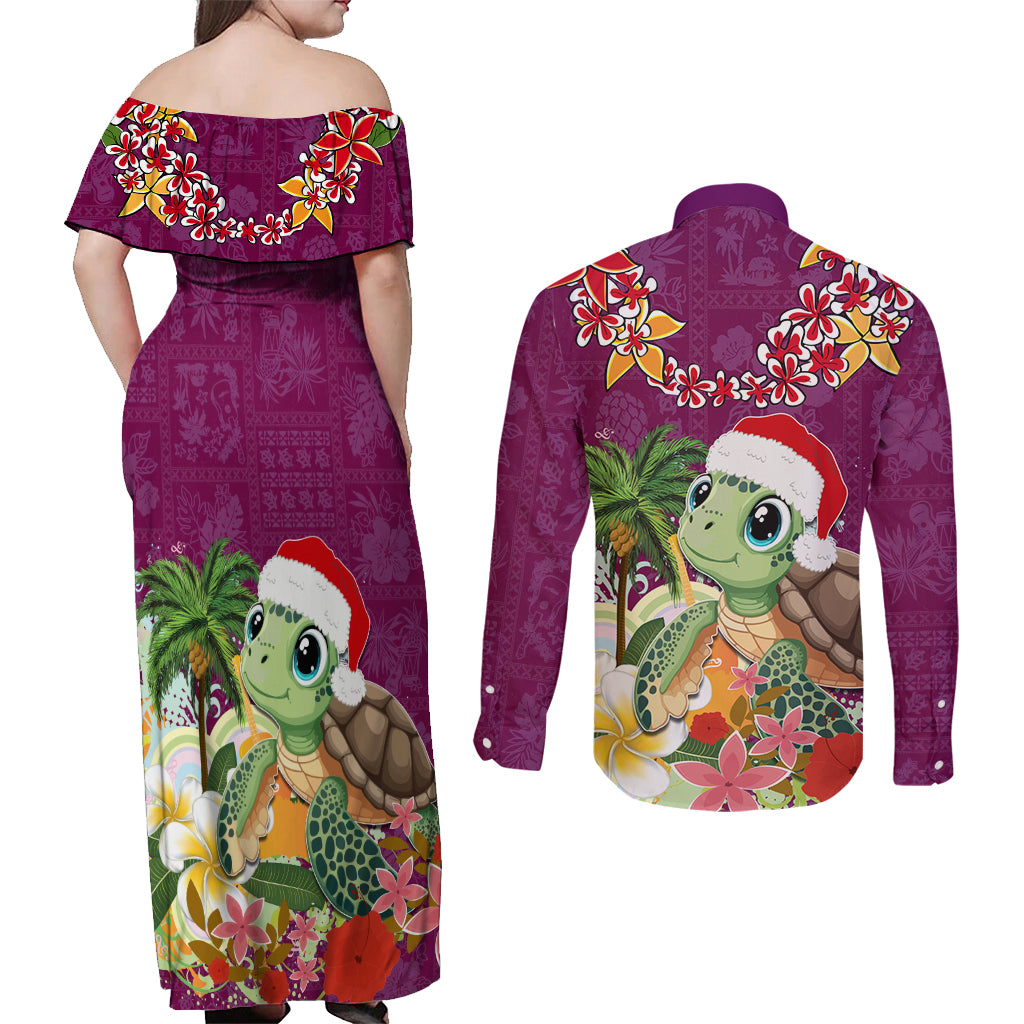 Hawaii Honu Mele Kalikimaka Couples Matching Off Shoulder Maxi Dress and Long Sleeve Button Shirt Santa Tropical Flower Aloha Summer Pink Version LT03 - Polynesian Pride