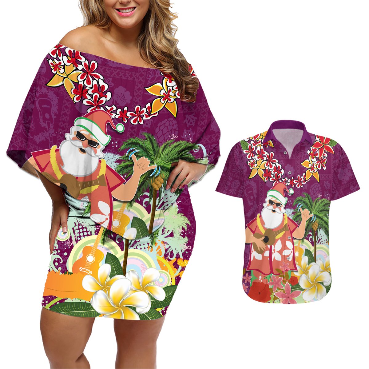 Hawaii Honu Mele Kalikimaka Couples Matching Off Shoulder Short Dress and Hawaiian Shirt Santa Tropical Flower Aloha Summer Pink Version LT03 Pink - Polynesian Pride