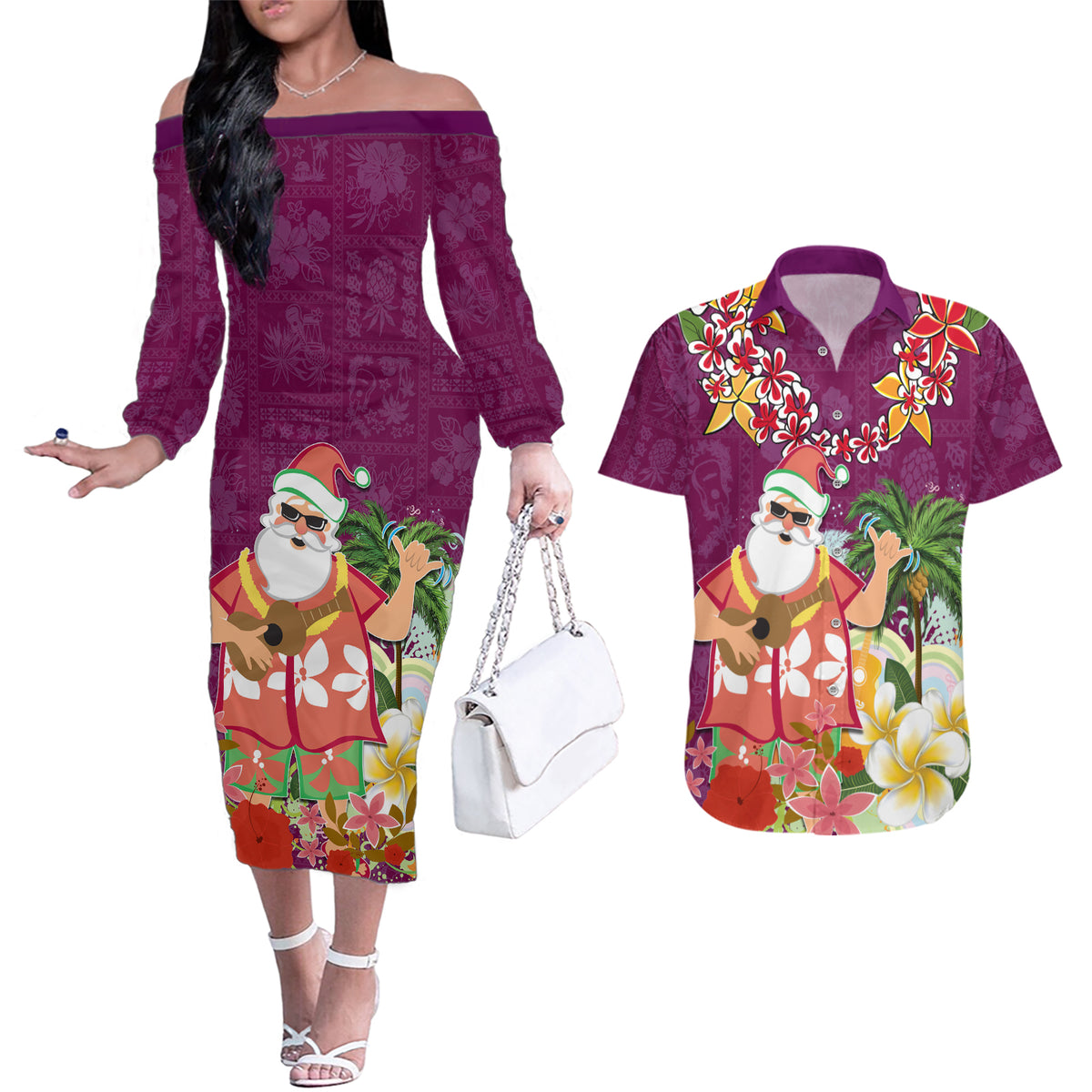 Hawaii Honu Mele Kalikimaka Couples Matching Off The Shoulder Long Sleeve Dress and Hawaiian Shirt Santa Tropical Flower Aloha Summer Pink Version LT03 Pink - Polynesian Pride