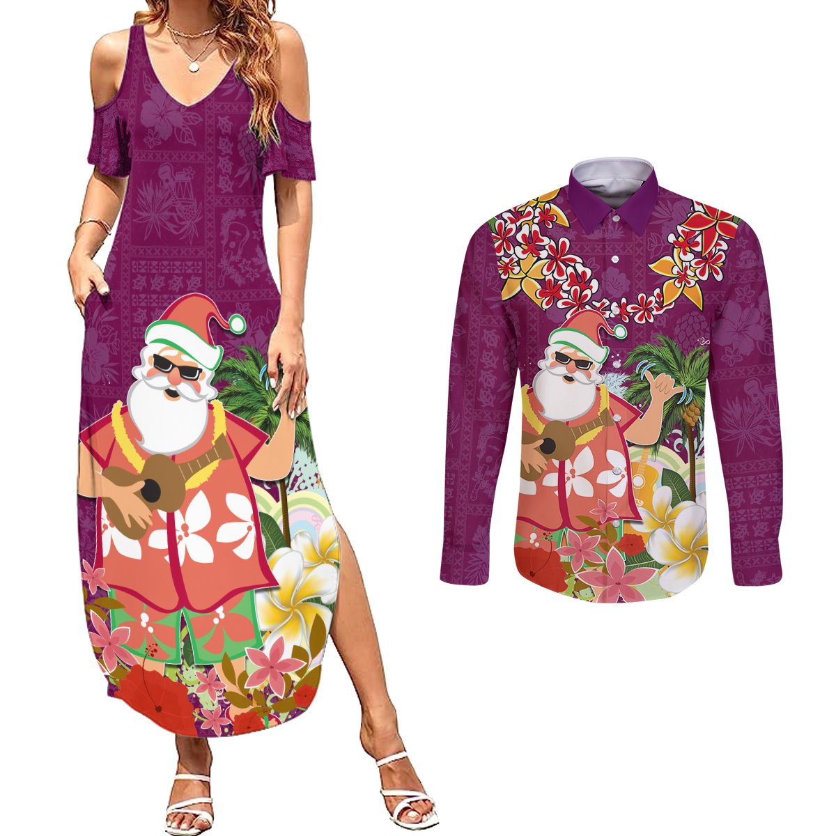 Hawaii Honu Mele Kalikimaka Couples Matching Summer Maxi Dress and Long Sleeve Button Shirt Santa Tropical Flower Aloha Summer Pink Version LT03 Pink - Polynesian Pride