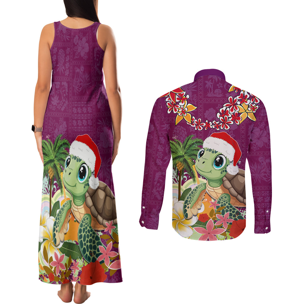 Hawaii Honu Mele Kalikimaka Couples Matching Tank Maxi Dress and Long Sleeve Button Shirt Santa Tropical Flower Aloha Summer Pink Version LT03 - Polynesian Pride