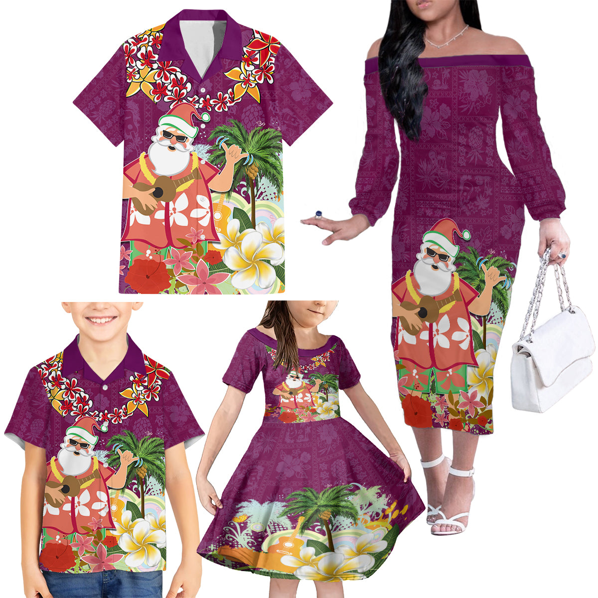 Hawaii Honu Mele Kalikimaka Family Matching Off Shoulder Long Sleeve Dress and Hawaiian Shirt Santa Tropical Flower Aloha Summer Pink Version LT03 - Polynesian Pride