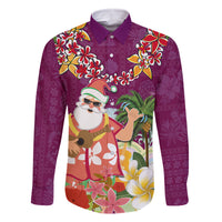 Hawaii Honu Mele Kalikimaka Family Matching Off Shoulder Long Sleeve Dress and Hawaiian Shirt Santa Tropical Flower Aloha Summer Pink Version LT03 Dad's Shirt - Long Sleeve Pink - Polynesian Pride