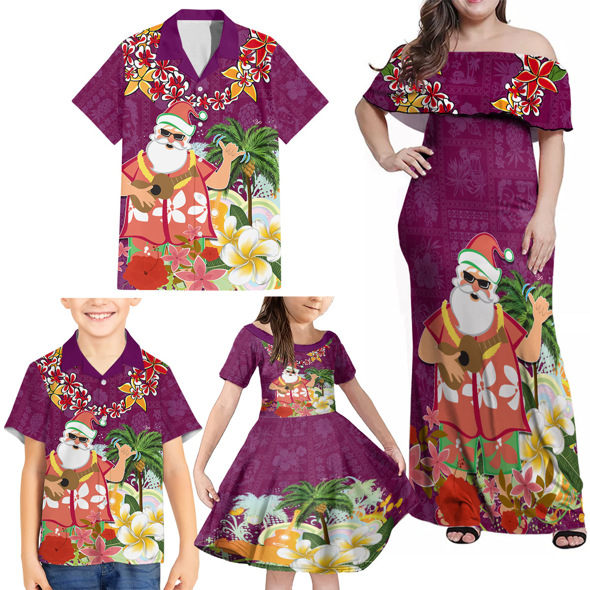 Hawaii Honu Mele Kalikimaka Family Matching Off Shoulder Maxi Dress and Hawaiian Shirt Santa Tropical Flower Aloha Summer Pink Version LT03 - Polynesian Pride