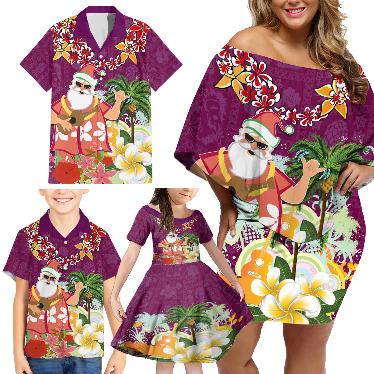 Hawaii Honu Mele Kalikimaka Family Matching Off Shoulder Short Dress and Hawaiian Shirt Santa Tropical Flower Aloha Summer Pink Version LT03 - Polynesian Pride