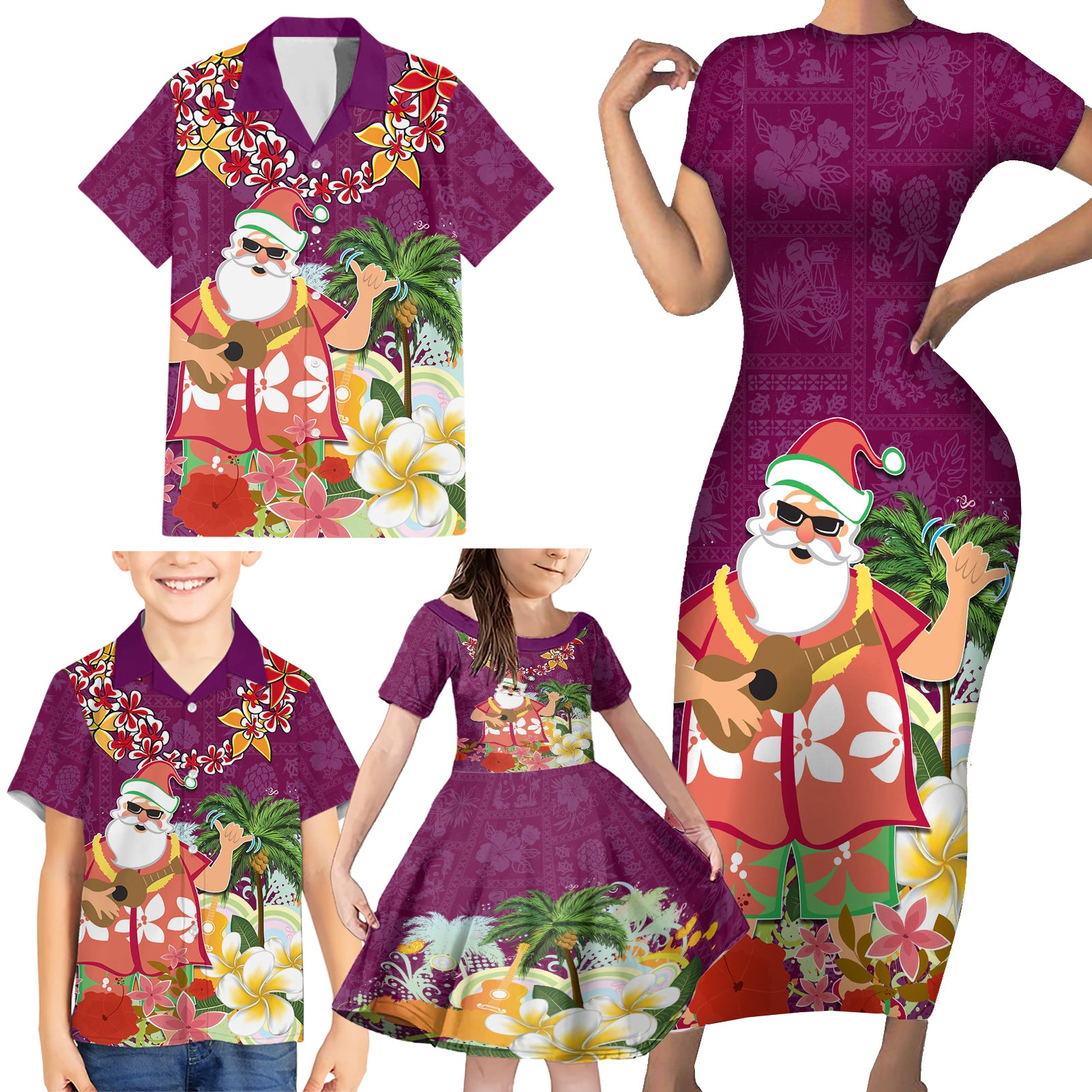 Hawaii Honu Mele Kalikimaka Family Matching Short Sleeve Bodycon Dress and Hawaiian Shirt Santa Tropical Flower Aloha Summer Pink Version LT03 - Polynesian Pride