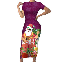 Hawaii Honu Mele Kalikimaka Family Matching Short Sleeve Bodycon Dress and Hawaiian Shirt Santa Tropical Flower Aloha Summer Pink Version LT03 Mom's Dress Pink - Polynesian Pride